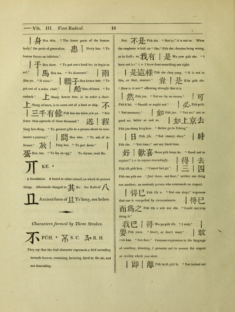 I act.” Hea yu. u It rains. 容et oui of a sedan chair.” I Hea shin. a The lower parts of the human body;” the parts of generation. 惠1 Hwiiy hea. “ To bestow favors on inferiors/* Hea show. “ To put one’s hand to; to begin to 馬 Hea ma. ‘‘ To dismount.” I雨 1轎子 Hea keaou tsze. “ To I m Hea c^huen. “To embark.” 上 Shang keaou tsze, is to enter a chair. 卜 Shang cli’huen，is to come out of a boat or ship, I三千有餘 Piih hea san tseen yew yu. “Not fewer than upwards of three thousand.” 选丨程 Sung hea ching. i( To present gifts to a person about to com- mence a journey.5, 丨問 Hea wan. “ To ask of in- feriors.” Ml Fang hea. To put down.” 蛋 Hea tan. “ To lay an egg.” To rhyme, read Ho. J「KE. * A foundation. A board or other utensil, on which to present things. Afterwards changed to t Ke. See Radical 八 Ancient form of 日 Ts’heay, see below. Characters formed by Three Strokes. 不 Pl)H. * S. C. ^pR. H. They say that the Seal character represents a bird ascending towards heaven, remaining hovering fixed in the air, and not descending. 齡不是 Piih she. “ Not isit is not so. When the emphasis is laid on 4{ She,,J Puh she, denotes being wrong, or in fault; as^ 我有丨是——” have not is i. e. I have done something not right. j 含曰才篆 Puh she chay yang. u It is not in this, or that, manner.” 豈丨是K’heptthl “ How is it not affirming strongly that it is， 丨然 Piih jen. “ Not so; by no means.，’ | pj一 Puh k'ho. “ Should or ought not.” | 4 Puh peili, “ Not necessary.’， f如 Piih joo. “ Not as;’’ not so good as; better so and so. I如上京去 Puh joo shang kiugkeu. u Better go to Peking.55 I 曰 m jiL “Not (many) days.” I時 Piih she. ‘‘ Not timenot any fixed time. 好丨歡喜 Haou piih hwan he. ‘‘ Good not to rejoice!” i. e. to rejoice exceedingly. 丨得丨去 Piih tih piih keu. ‘‘ Cannot but go.” 丨四 Piih san piih sze. “、Not three，not fourneither one thing nor another； an unsteady person who commands no respect I得巳 Piih tih e. Ct Not can stop；1* expresses that one is compelled by circumstances. I得巳 而爲之 Piih tih e urh wei che. 44 Could not help doing it,? 我巴丨得 Wo pa puh tih. u I wish.1* 要 Piih yaou. “ Don’t, or don’t want.” 丨敢 Puh kan. “ Not dare.” Common expression in the language of courtesy, denoting, I presume not to assume the respect or civility which you shew. I鄭丨離 Puh tscih piih 1c, u Not instant not