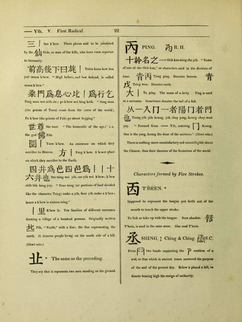 .— I San k'hew. Three places said to be inhabited —仙 Seen, or men of the hills, who have risen superior to humanity. 前高後下曰薦丨Ts&nka<)uh(mh6a yue maou k'hew. “ High before, and low behind, is called maou k’hew.” 桑門爲息心比丨爲行乞 Sang mun wei seih sin ； pe k'hew wei hin^ keih. ‘‘ Sang mun (the priests of Taou) cease from the cares of the world ； Pe k’hew (the priests of Fuh) go about begging.” 世尊 She tsun. “ The honorable of the agei. e. S〇d佛職. I Yuen k5hew. An eminence on which they the sacrifice to Heaven. | Fang k'hew. A lower place on which they sacrifice to the Earth. 四井爲&四邑爲丨丨十 六井也 Sze tsing wei yih, sze ylh wei kshew; k'hew shih liih tsing yay, “ Four tsing (or portions of land divided » like the character Tsing) make a yih, four ylh make a k?hew; hence a k’hew is sixteen tsing。，’ 丨里 K’hew le. Ten families of different surnames forming a village of a hundred persons. Originally written P化，“North,” with a line; the line representing the earth. It denotes people living on the south side of a hill. (Shwo wan.) 来 The same as the preceding. They say that it represents two men standing on the ground. 让 ping. ^jr. h. 十榦名之一 Shih kan ming che ylh. u Name of one of the Shih kan，’’ or characters used in the division of time. 青丙 Tsing ping. Denotes heaven. 實 Tsing woo. Denotes earth. I Ta ping. The name of a deity. Ping is used as a surname. Sometimes denotes the tail of a fish. 从一入门一者陽门者門 也 Tsung yih jiih keung, yih chay yang, keung chay mun yay. u Formed from —- Yih, entering |~J Keung* One is the yang，keung the door of the universe.”（Shw6 wan.) There is nothing more unsatisfactory and unintelligible about the Chinese, than their theories of the formation of the world. 西 Characters formed by Five Strokes. T HEEN. * Supposed to represent the tongue put forth out of the mouth to touch the upper stroke. To lick or take up with the tongue. Now obsolete. 館 T'heen, is used in the same sense. Also read Theen. j^SHING, ]； Ching & Ching.晶S.C. From two hands supporting the emblem of ai seal, or that which in ancient times answered the purpose of the seal of the present day. Below is placed a hill, to denote bearing high the ensign of authority.