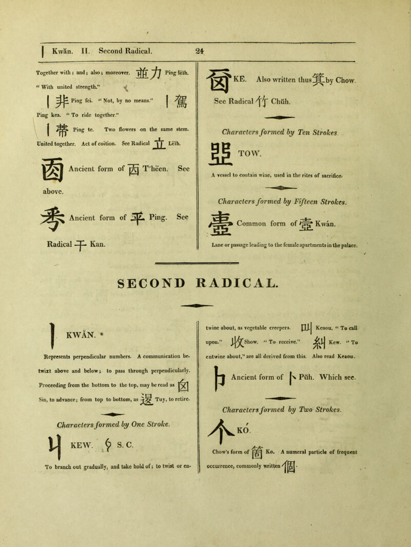 Together with ; and； also; moreoTer. 並力 Ping leih. “ With united strength•” ； 丨非 Ping feL “ Not，by no means-’’ 1駕 Ping kea. “ To ride together,” I Ping te- Two flowers on the same stem. United together. Act of coition. See Radical ^\f Leih. 面 above. Ancient form of T^heen. See Ancient form of Ping. Radical，. I: Kan. See KE. Also written thus^^by Chow. See Radical Chuh. 亞 Characters formed by Ten Strokes TOW. A vessel to contain wine, used in the rites of sacrifice. Characters formed by Fifteen Strokes. 臺 Common form of Kwan. Lane or passage leadiag to the female apartments in the palace^ SECOND RADICAL. KWAN. * Represents perpendicular numbers. A communication be- twixt above and below; to pass through perpendicularly. Proceeding from the bottom to the top, may be read as |^| Sin, to advance ； from top to bottom, as 逞 Tuy, to retire. Characters formed hy One Stroke. KEW. ^ S. C. To branch out gradually, and take hold of 5 to twist or cn- twine about, as vegetable creepers, upon.” 收 Show. <fi To receive.'* 叫 Keaou. 41 To call 糸L| Kew. ‘‘To entwine about,” are all derived from this. Also read Keaou. Ancient form of K Piih. Which see. 个 Characters formed by Two Strokes. KO. Chow's form of Ko. A numeral particle of frequent occurrence, commonly witten j固•