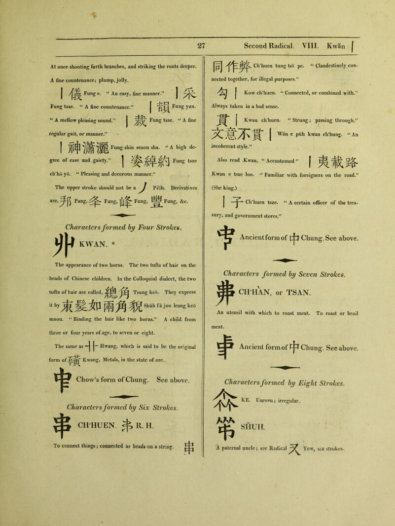 At once shooting forth branches, and striking the roots deeper. A line countenance； plump, jolly. I /j義^ Fung e, “ An easy，fine manner.” | Fung tsae. “ A fine countenance.” | Fung yan. “ A mellow pleasing sound.” | Fung tsae. ‘‘ A fine regular gait，or manner.” I神瀟灑 Fung shia seaou sha. a A high de- gree of ease and gaiety.,J | Fang tsze ch'ho y〇. “ Pleasing and decorous manner.” The upper stroke should not be a ^ Peih. Derivatives are,,|^ Pang, Fung,山豪 Fung, Fung, &c. — Characters formed by Four Strokes. KWAN. ^ / The appearance of two horns. The two tufts of hair on the heads of Chinese children. In the Colloquial dialect, the two tufts of hair are called,多磨 Tsung keo. They express itby束髮如PH角貌 Shiih fa joo leang keo maou. “ Binding the hair like two horns, A child from three or four years of age, to seven or eight. The same as —j Hwang, which is said to be the original form of Kwang, Metals, in the state of ore. t Chow's form of Chung-. See above. 串 Characters formed by Six Strokes. CH HUEN•糸 R. H. To connect things 5 connected as beads on a string 同J Ch?huen tung ts〇 pe. u Clandestinely con- nected together, for illegal purposes.5J I Kow ch’huen. “ Connected，or combined with.” Always taken in a bad sense. I Kwan ch'huen. “Strung; passing through.” I Wan e puh kwan cfchung. <cAa incoherent style.，， Also read Kwan，“ Accustomed，， | Kwan e tsae loo. “ Familiar with foreigners on the road.” (She king.) 1子 Ch’huen tsze. “ A certain o伍cer of the trea- sury， and government stores.” ^ Ancient form of Chung^. See above. Characters formed by Seven Strokes. CH HAN, or TSAN. An utensil with which to roast meat* To roast or broil meat. 、—Ancient form,of Chung. See above. Characters formed by Eight Strokes、 KE. Uneven; irregular. I AM . SHUH. A paternal uncle； see Radical 叉 Yew, six strokes.