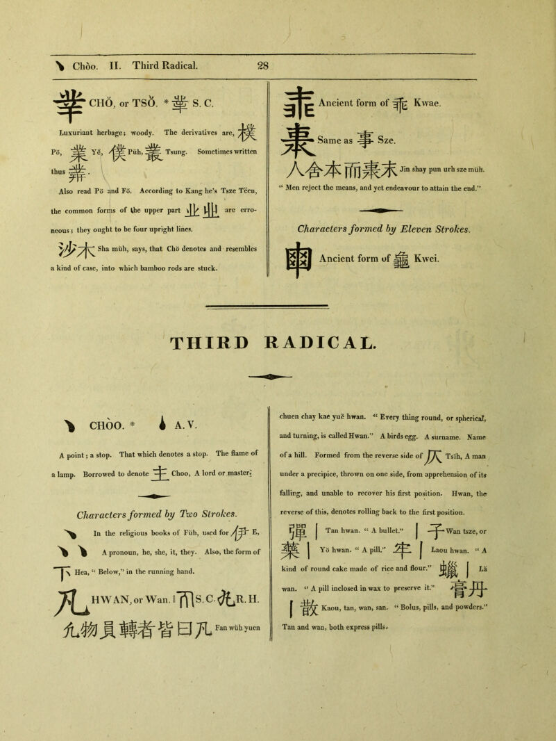 CHO, 〇r TSO. * S. C. Luxuriant herbage； woody. The derivatives are, 樸 P5，Y谷， ^Puh, Tsung. Sometimes written thus •• Also read V6 and F〇. According to Kang he^ Tsze Teen, I the common forms of the upper part 业业…〃。- neous; they ought to be four upright lines. 沙木 Sha rauh, says, that Cho denotes and resembles a kind of case, into which bamboo rods are stuck. ||| Ancient for, of ^ 秉{ 人合本而裹末 Jin shay pun urh sze miih. <c Men reject the means, and yet endeavour to attain the end.^ Aneient form of 流：Kwae. Same as Sze. Characters formed by Eleven Strokes、 Ancient form of Kwei. 串 THIRD RADICAL. CHOO.米 A.V. A point ； a stop. That which denotes a stop. The flame of a lamp. Borrowed to denote 主 Choo, A lord or master； Characters formed by Two Strokes. In the religious books of Fiih, used for E, ^ % A pronoun, he, she, it, they. Also, the form of I \ Hea，“ Below，’’ in the running hand• 对」HWAN, orWan.ll*fYls.C .^R.H. 允物員轉者皆曰7i Fan wuh yuen chuen chay kac yu^ hwan. Every thing round, or spherical, and turning，is called Hwan.” A birds egg. A surname. Name of a hill. Formed from the reverse side of Tsih, A man under a precipice, thrown on one side, from apprehension of itff falling, and unable to recover his first position. Hwan, the reverse of this, denotes rolling back to the first position, 彈丨 Tan hwan. “ A bullet.” I子~ j Yo hwan. <e A pill. J Laou hwan. “A kind of round cake made of rice and flour.>, ttpa I La wan. “ A pill inclosed in wax to preserve it.” f Kaou, tan’ wan, san’ “ Bolus, pills, and powders.” Tan and wan, both express pills-