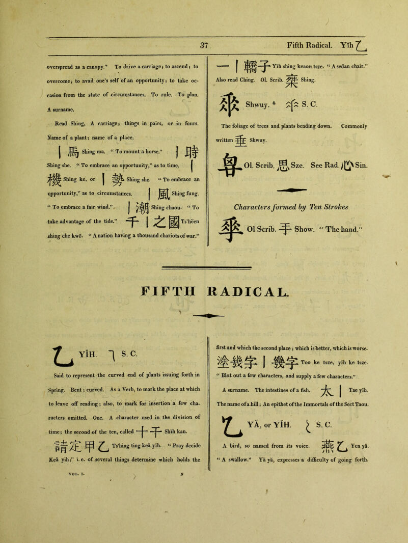 overspread as a canopy.” To drive a carriage; to ascend ； to _ | YKh shing keaou tsze, “ A sedan chair.” overcome； to avail one's self of an opportunity； to take oc- Also read Ching. OL Scrib.夕f Shing. casion from the state of circumstances. To rule. To plan. 姜^ Shwuy.朵中 S. C. A surname. Read Shing，A carriage； things in pairs, or in fours. The foliage of trees and plants beading down. Commonly Name of a plant; name of a place. written Shwuy. 01. Scrib. Sze. See Rad. jSin* | Sbing ma. “ To mount a horse.” | 月拳 ■Shing she. a To embrace an opportunity,n as to time. | Shing ke, or | Shing she. “ To embrace an opportunity,,5 as to circumstances. | Shing fung. * “ To embrace a fair wind.” | Shing chaou. “To Characters formed by Ten Strokes take advantage of the tide•” | j^jTs'heen 01 Scrib. Show. The hand/' shing che A nation having a thousand chariots of war.s， FIFTH RADICAL. 乙 YIH. S. C. Said to represent the curved end of plants issuing forth in •Spring. Bent; curved. As a Verb, to mark the place at which to leave off reading ； also, to mark for insertion a few cha- racters omitted. One, A character used in tfee division of time; the second of the ten, called ~二 | 二 Shih kan. {ijlj 了 i Ts'hing ting kea yih. u Pray decide Kea jih;1* i. e. of several things determine ^hich holds the first and which the second place; which is better, which is worse- 塗幾字丨幾字 Too ke tsze, yih ke tsze. “ Blat out a few characters, and supply a few characters.” A surname. The intestines of a fish. 太1 Tae yih. The name of a hill; An epithet of the Immortals of the Sect Taou. 乙 YA, or YIH S.C. A bird, so named from its voice. 燕乙 Yen ya. A swallow.” Ya ya, expresses a difficulty of going forth.