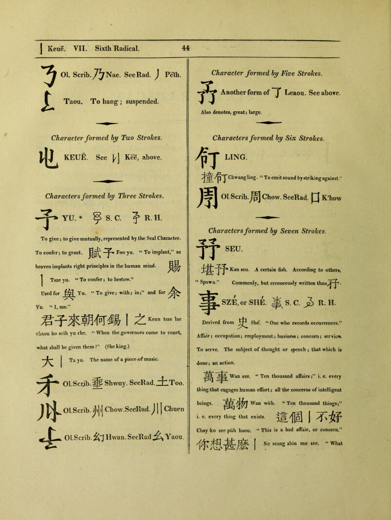 Ol. Scrib^Nae. See Rad. ) Peih. t Taou. To hang ; suspended. Character formed by Two Strokes. KEUE. See )/] Kee, above. Characters formed by Three Strokes. YU. * 孕 S. C.手 R. H. To give; to give mutually, represented by the Seal Character. To confer； to grant.画武 • Foo yu. “ To implant,” as heaven implants right principles in the human mind. 貝易 I Tsze yu. “ To confer; to bestow.” Used for Yu. “ To give; with; in;” and for Yu. “ I，me.” 君子來朝何錫丨之K〜ntsZ6la6 chaou ho seih yu che. u When the governors come to court, what shall be given them ?'* (She king.) j Ta yu. The name of a piece of music. 矛 Ol.Scrjb.^ti Shwuy. SeeRad. JltlToo. j ^^^Ol.Scrib■州 Cho'v.SeeRad.J 丨丨 Chuen ^OLScrib.^H wan. SeeRad Yaou. f了 Character formed by Five Strokes. Another form of 了 Leaou. See above. Also denotes, great; large. Characters formed by Six Strokes. 4丁 LING 才军 rnX Chwangling. c< To emit sound by striking against. 01,Scrib•周 Chow. SeeRad. 口 K，how Characters formed by Seven Strokes. SEU. 予^^ Kan seu. A certain fish. According to others, “Spawn.” Commonly，but erroneously written thus^予* SZE,〇r SHE. ^ S. C. j2> R. H. Derived from She’. “ One who records occurrences.’， Affair; occupation； employment； business; concern; servicow To serve. The subject of thought or speech ； that which is done ； an action. Wan sze. “ Ten thousand affairs i. e. every thingihat engages human effort; all the concerns of intelligent beings. 萬物 Wan wiih. “ Ten thousand things;’， i. e. every thing that exists. | ^ Chay ko sze piih haou. “ This is a bad affair, or concern.” 你想甚麽丨 Ne seang shin mo sze. “What