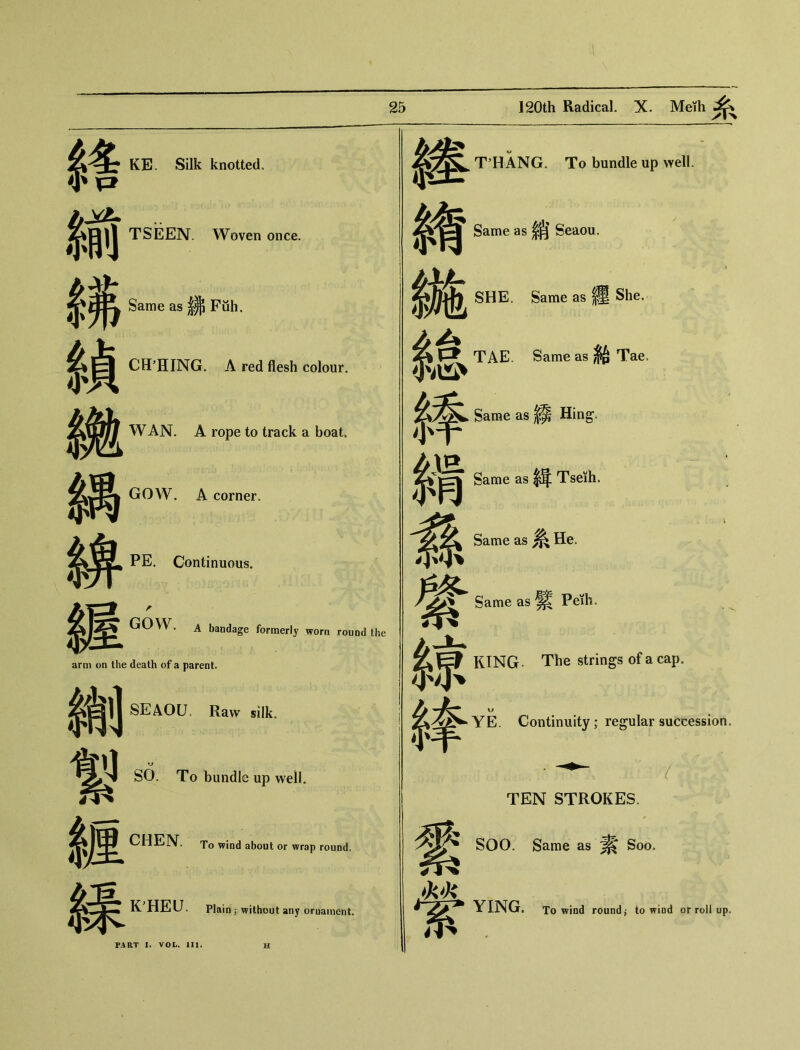 手KE. Silk knotted. TJHANG. To bundle up well. TSEEN. Woven once. Same as 銷 Seaou. Same as Fuh. 絲备 SHE. Same as 濯 She. CH’HING. A red flesh colour. 系 TAE. Same as ^ Tae. W AN. A rope to track a boat. 手Same as 綠 Hing. GOW. A corner. Same as 輯 TseKh. PE. Continuous. GOVV. a bandage formerly worn round the arm on the death of a parent i Same as He. Same as 紫 Peth. 、 KING. The strings of a cap. SEAOU, Raw silk, 丨 YE. Continuity; regular succession. ^^>1 SO. To bundle up well. • ♦ ( TEN STROKES. CHEN. To wind about or wrap round. SOO. Same as 素 Soo. K HEU. Plain j without any oruament. • J^、 YING. To wind round j to wiod or roll up. PART I. VOL. III. H 小