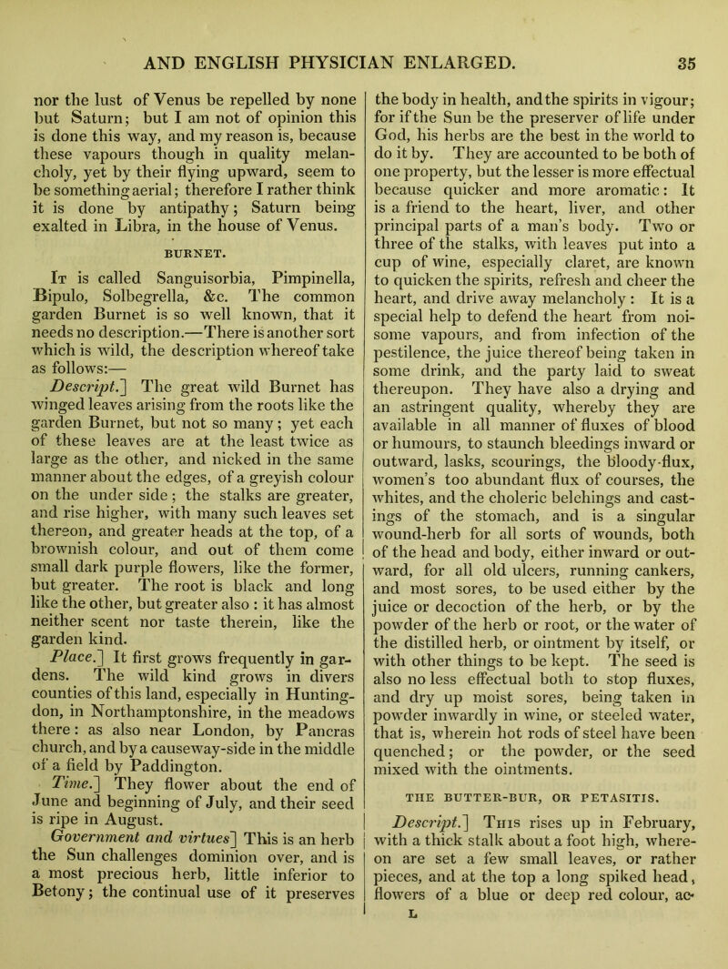nor the lust of Venus be repelled by none but Saturn; but I am not of opinion this is done this way, and my reason is, because these vapours though in quality melan- choly, yet by their flying upward, seem to be something aerial; therefore I rather think it is done by antipathy; Saturn being exalted in Libra, in the house of Venus. BURNET. It is called Sanguisorbia, Pimpinella, Bipulo, Solbegrella, &c. The common garden Burnet is so well known, that it needs no description.—There is another sort which is wild, the description whereof take as follows:— Descript?\ The great Avild Burnet has winged leaves arising from the roots like the garden Burnet, but not so many; yet each of these leaves are at the least tAvice as large as the other, and nicked in the same manner about the edges, of a greyish colour on the under side ; the stalks are greater, and rise higher, with many such leaves set thereon, and greater heads at the top, of a brownish colour, and out of them come small dark purple flowers, like the former, but greater. The root is black and long like the other, but greater also : it has almost neither scent nor taste therein, like the garden kind. Place.~\ It first grows frequently in gar- dens. The wild kind grows in divers counties of this land, especially in Hunting- don, in Northamptonshire, in the meadows there: as also near London, by Pancras church, and by a causeway-side in the middle of a field by Paddington. Time.~\ They flower about the end of June and beginning of July, and their seed is ripe in August. Government and virtues] This is an herb the Sun challenges dominion over, and is a most precious herb, little inferior to Betony; the continual use of it preserves the body in health, and the spirits in vigour; for if the Sun be the preserver of life under God, his herbs are the best in the world to do it by. They are accounted to be both of one property, but the lesser is more effectual because quicker and more aromatic: It is a friend to the heart, liver, and other principal parts of a man’s body. Two or three of the stalks, with leaves put into a cup of wine, especially claret, are known to quicken the spirits, refresh and cheer the heart, and drive away melancholy : It is a special help to defend the heart from noi- some vapours, and from infection of the pestilence, the juice thereof being taken in some drink, and the party laid to sweat thereupon. They have also a drying and an astringent quality, A\rhereby they are available in all manner of fluxes of blood or humours, to staunch bleedings inward or outward, lasks, scourings, the bloody-flux, women’s too abundant flux of courses, the Avhites, and the choleric belchings and cast- ings of the stomach, and is a singular wound-herb for all sorts of Avounds, both of the head and body, either inward or out- ward, for all old ulcers, running cankers, and most sores, to be used either by the juice or decoction of the herb, or by the powder of the herb or root, or the water of the distilled herb, or ointment by itself, or with other things to be kept. The seed is also no less effectual both to stop fluxes, and dry up moist sores, being taken in powder inwardly in wine, or steeled water, that is, wherein hot rods of steel have been quenched; or the powder, or the seed mixed with the ointments. THE BUTTER-BUR, OR PETASITIS. Descript.] This rises up in February, with a thick stalk about a foot high, where- on are set a few small leaves, or rather pieces, and at the top a long spiked head, flowers of a blue or deep red colour, ac- L
