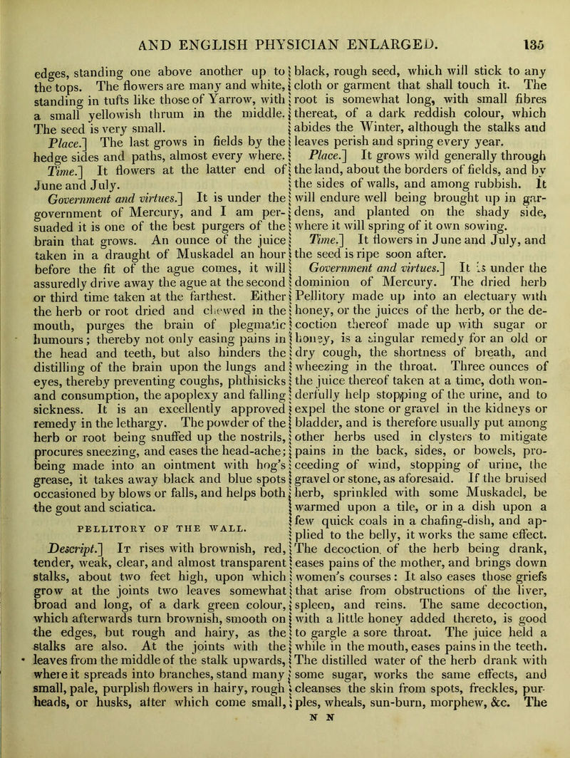 edges, standing one above another up to the tops. The flowers are many and white, standing in tufts like those of Yarrow, with a small yellowish thrum in the middle. The seed is very small. Place.] The last grows in fields by the hedge sides and paths, almost every where. Time.] It flowers at the latter end of June and July. Government and virtues.] It is under the government of Mercury, and I am per- suaded it is one of the best purgers of the brain that grows. An ounce of the juice taken in a draught of Muskadel an hour before the fit of the ague comes, it will assuredly drive away the ague at the second or third time taken at the farthest. Either the herb or root dried and chewed in the mouth, purges the brain of plegmatic humours; thereby not only easing pains in the head and teeth, but also hinders the distilling of the brain upon the lungs and eyes, thereby preventing coughs, phthisicks and consumption, the apoplexy and falling sickness. It is an excellently approved remedy in the lethargy. The powder of the herb or root being snuffed up the nostrils, procures sneezing, and eases the head-ache; being made into an ointment with hog’s grease, it takes away black and blue spots occasioned by blows or falls, and helps both the gout and sciatica. PELLITORY OF THE WALL. Descript.] It rises with brownish, red, tender, weak, clear, and almost transparent stalks, about two feet high, upon which grow at the joints two leaves somewhat broad and long, of a dark green colour, which afterwards turn brownish, smooth on the edges, but rough and hairy, as the stalks are also. At the joints with the leaves from the middle of the stalk upwards, where it spreads into branches, stand many small, pale, purplish flowers in hairy, rough heads, or husks, alter which come small, \ black, rough seed, which will stick to any l cloth or garment that shall touch it. The i root is somewhat long, with small fibres | thereat, of a dark reddish colour, which \ abides the Winter, although the stalks and \ leaves perish and spring every year. \ Place.\ It grows wild generally through ? the land, about the borders of fields, and bv i the sides of walls, and among rubbish. It i will endure well being brought up in gar- j dens, and planted on the shady side, i where it will spring of it own sowing. : Time.'] It flowers in June and July, and \ the seed is ripe soon after. $ Government and virtues.] It is under the dominion of Mercury. The dried herb iiPellitory made up into an electuary with ; honey, or the juices of the herb, or the de- \ coction thereof made up with sugar or | hone}'', is a singular remedy for an old or i dry cough, the shortness of breath, and \ wheezing in the throat. Three ounces of i the juice thereof taken at a time, doth won- \ derfully help stopping of the urine, and to i expel the stone or gravel in the kidneys or j bladder, and is therefore usual 1}’ put among | other herbs used in clysters to mitigate \ pains in the back, sides, or bowels, pro- 1 ceeding of wind, stopping of urine, the j gravel or stone, as aforesaid. If the bruised 1 herb, sprinkled with some Muskadel, be j warmed upon a tile, or in a dish upon a \ few quick coals in a chafing-dish, and ap- * plied to the belly, it works the same effect. |The decoction, of the herb being drank, \ eases pains of the mother, and brings down 5 women’s courses : It also eases those griefs i that arise from obstructions of the liver, \ spleen, and reins. The same decoction, j with a little honey added thereto, is good \ to gargle a sore throat. The juice held a | while in the mouth, eases pains in the teeth. I The distilled water of the herb drank with works the same effects, and some sugar, i cleanses the skin from spots, freckles, pur- ; pies, wheals, sun-burn, morphew, &c. The N N