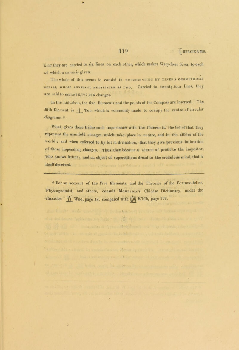 kin^ thev are carried to six lines on each other, which makes Sixty-four Kwa, to each of which a name is given. The whole of this seems to consist in representing by lines a geometrical series, whose constant multiplier is two. Carried to twenty-four lines, they are said to make 16,777,216 changes. In the Liih-shoo, the five Elements and the points of the Compass are inserted. The fifth Element is -j- Too, which is commonly made to occupy the centre of circular diagrams. * What gives these trifles such importance with the Chinese is, the belief that they represent the manifold changes which take place in nature, and in the affairs of the world ; and wheu referred to by lot in divination, that they give previous intimation of those impending changes. Thus they become a source of profit to the impostor, wdio knows better; and an object of superstitious dread to the credulous mind, that is itself deceived. * For an account of the Five Elements, and the Theories of the Fortune-teller, Physiognomist, and others, consult Morrison's Chinese Dictionary, under the character Woo, page 48, compared with K’hih, page 238. ; ' ' f • (rV - 1 A. % frj .* i \ 1