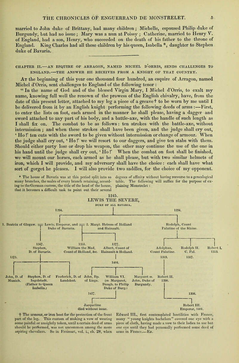 married to John duke of Brittany, had many children; Michelle, espoused Philip duke of Burgundy, hut had no issue; Mary was a nun at Poissy ; Catherine, married to Henry Y. of England, had a son, Henry, who succeeded on the death of his father to the throne of England. King Charles had all these children by his queen, Isabella *, daughter to Stephen duke of Bavaria. CHAPTER II.-—AN ESQUIRE OF ARRAGON, NAMED MICHEL D’oRRIS, SENDS CHALLENGES TO ENGLAND. THE ANSWER HE RECEIVES FROM A KNIGHT OF THAT COUNTRY. At the beginning of this year one thousand four hundred, an esquire of Arragon, named Michel d’Orris, sent challenges to England of the following tenor : “ In the name of God and of the blessed Virgin Mary, I Michel d’Orris, to exalt my name, knowing full well the renown of the prowess of the English chivalry, have, from the date of this present letter, attached to my leg a piece of a greave t to be worn by me until I be delivered from it by an English knight performing the following deeds of arms :—First, to enter the lists on foot, each armed in the manner he shall please, having a dagger and sword attached to any part of his body, and a battle-axe, with the handle of such length as I shall fix on. The combat to be as follows : ten strokes with the battle-axe, without intermission; and when these strokes shall have been given, and the judge shall cry out, ‘ Ho !’ ten cuts with the sword to be given without intermission or change of armour. When the judge shall cry out, ‘ Ho !’ we will resort to our daggers, and give ten stabs with them. Should either party lose or drop his weapon, the other may continue the use of the one in his hand until the judge shall cry out, ‘ Ho !’ When the combat on foot shall be finished, we will mount our horses, each armed as he shall please, but with two similar helmets of iron, which I will provide, and my adversary shall have the choice : each shall have what sort of gorget he pleases. I will also provide two saddles, for the choice of my opponent. * The house of Bavaria was at this period split into so degrees of affinity without having recourse to a genealogical many branches, the males of every branch retaining, accord- table. The following will suffice for the purpose of ex- ing to the German custom, the title of the head of the house, plaining Monstrelet: that it becomes a difficult task to point out their several 1245. LEWIS THE SEVERE, DUKE OF ALL BAVAKIA. 1294. 1— 1294. 1. Beatrix of Glogaw. == Lewis, Emperor, and == 2. Margt. Heiress of Holland Duke of Bavaria. and Hainault. 1 Rodolpb, Count Palatine of the Rhine. 1347. Stephen, D. of Bavaria. 1355. William the Mad, Count of Holland, Ac. 1375. I 1377. Albert, Count of Hainault & HoUand. I 1404. , ( Adolphus, Count Palatine. Rudolph II. C. Pal. 1327. Robert I. 1353. John, D. of Stephen, D. of Frederick, D. of John, Bp. William VI. Margaret m. Robert II, Munich. Ingolstadt. Landshut. of Liege. (m- Margaret, John, Duke of 1390. (Father to Queen Daugh. to Philip Burgundy. | Isabella.; Duke of Burg.) 1417- J 1398. Jacqueline died without issue. f The armour, or iron boot for the protection of the front part of the leg. This custom of making a vow of wearing some painful or unsightly token, until a certain deed of arms should he performed, was not uncommon among the more aspiring chevaliers. So in Froissart, vol. i., ch. 28, when 1 Robert IH. Emperor, 1401. Edward III., first contemplated hostilities with France, many “ young knights bachelors ” covered one eye with a piece of cloth, having made a vow to their ladies to use but one eye until they had personally performed some deed of arms in France.—Ed.