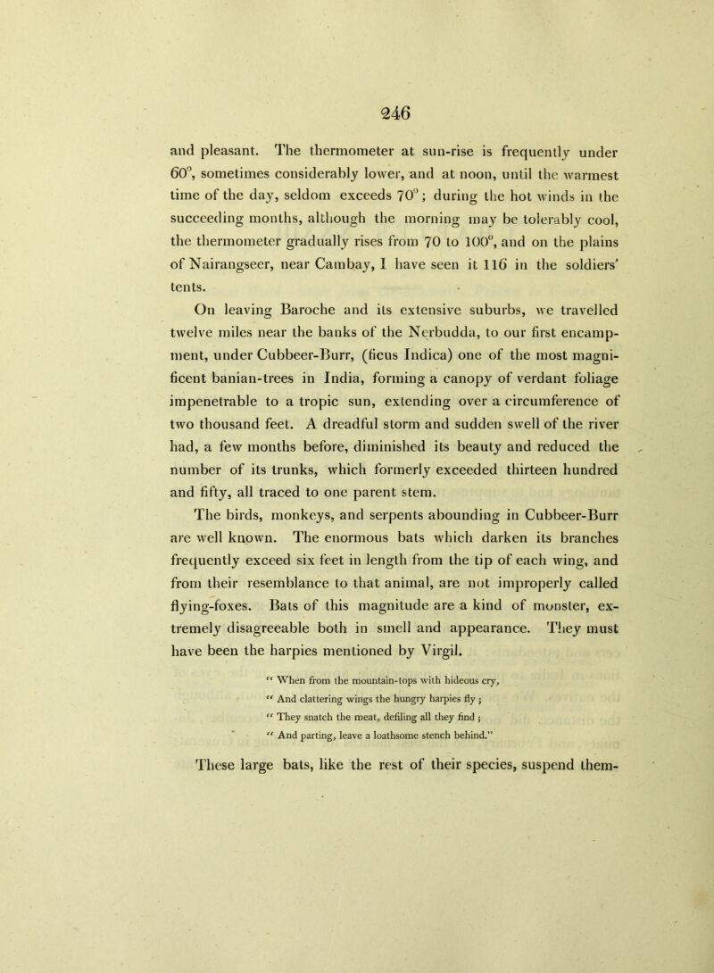 and pleasant. The thermometer at sun-rise is frequently under 60°, sometimes considerably lower, and at noon, until the warmest lime of the day, seldom exceeds 70°; during the hot winds in the succeeding months, although the morning may be tolerably cool, the thermometer gradually rises from 70 to 100°, and on the plains of Nairangseer, near Cambay, I have seen it 11(5 in the soldiers’ tents. On leaving Baroche and its extensive suburbs, we travelled twelve miles near the banks of the Nerbudda, to our first encamp- ment, under Cubbeer-Burr, (ficus Indica) one of the most magni- ficent banian-trees in India, forming a canopy of verdant foliage impenetrable to a tropic sun, extending over a circumference of two thousand feet. A dreadful storm and sudden swell of the river had, a few months before, diminished its beauty and reduced the number of its trunks, which formerly exceeded thirteen hundred and fifty, all traced to one parent stem. The birds, monkeys, and serpents abounding in Cubbeer-Burr are well known. The enormous bats which darken its branches frequently exceed six feet in length from the tip of each wing, and from their resemblance to that animal, are not improperly called flying-foxes. Bats of this magnitude are a kind of monster, ex- tremely disagreeable both in smell and appearance. They must have been the harpies mentioned by Virgil. “ When from the mountain-tops with hideous cry, “ And clattering wings the hungry harpies fly; “ They snatch the meat, defiling all they find ; “ And parting, leave a loathsome stench behind.” These large bats, like the rest of their species, suspend them-