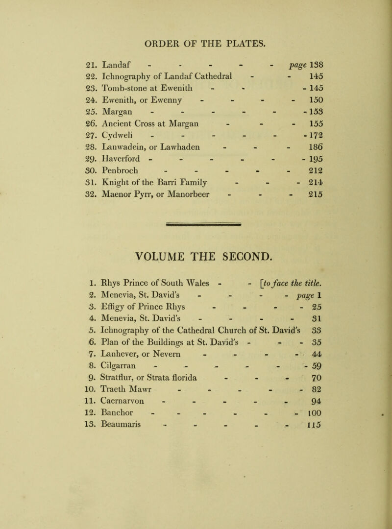 21. Landaf - page 138 22. Ichnography of Landaf Cathedral - - 145 23. Tomb-stone at Ewenith - - 145 24. Ewenith, or Ewenny - 150 25. Margan - - - - - - 153 26. Ancient Cross at Margan - 155 27. Cydweli - - - - -172 28. Lanwadein, or Lawhaden - 186 29- Haverford ------ 195 SO. Penbroch - - - - 212 31. Knight of the Barri Family - - - 214 32. Maenor Pyrr, or Manorbeer - - 215 VOLUME THE SECOND. 1. Rhys Prince of South Wales - 2. Menevia, St. David’s 3. Effigy of Prince Rhys - 4. Menevia, St. David’s - 5. Ichnography of the Cathedral Church of St. David’s 6. Plan of the Buildings at St. David’s - 7. Lanhever, or Nevern - 8. Cilgarran - 9- Stratflur, or Strata florida - 10. Traeth Mawr - 11. Caernarvon - 12. Banchor - 13. Beaumaris - - [to face the title. - page 1 - 25 31 33 35 44 - 59 70 82 94 100 115