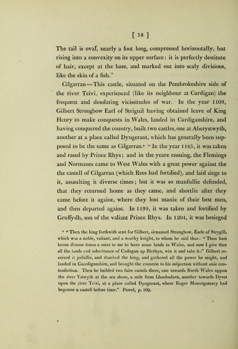 The tail is ovaf, nearly a foot long, compressed horizontally, but rising into a convexity on its upper surface: it is perfectly destitute of hair, except at the base, and marked out into scaly divisions, like the skin of a fish.” Cilgarran—This castle, situated on the Pembrokeshire side of the river Teivi, experienced (like its neighbour at Cardigan) the frequent and desolating vicissitudes of war. In the year 1109, Gilbert Strongbow Earl of Striguil having obtained leave of King Henry to make conquests in Wales, landed in Cardiganshire, and having conquered the country, built two castles, one at Aberystwyth, another at a place called Dyngerant, which has generally been sup- posed to be the same as Cilgarran.3 “ In the year 1165, it was taken and rased by Prince Rhys; and in the yeare ensuing, the Flemings and Normanes came to West Wales with a great power against the the castell of Cilgarran (which Rees had fortified), and laid siege to it, assaulting it diverse times; but it was so manfullie defended, that they returned home as they came, and shortlie after they came before it againe, where they lost manie of their best men, and then departed againe. In 1199, it was taken and fortified by Gruffydh, son of the valiant Prince Rhys. In 1204, it was besieged a “ Then the king forthwith sent for Gilbert, sirnamed Strangbow, Earle of Strygill, which was a noble, valiant, and a worthy knight, to whom he said thus: “ Thou hast beene diverse times a suter to me to have some lands in Wales, and now I give thee all the lands and inheritance of Cadogan ap Blethyn, win it and take it:” Gilbert re- ceived it joifullie, and thanked the king, and gathered all the power he might, and landed in Cardiganshire, and brought the countrie to his subjection without anie con- tradiction. Then he builded two faire castels there, one towards North Wales uppon the river Ystwyth at the sea shore, a mile from Lhanbadarn, another towards Dyvet upon the river Teivi, at a place called Dyngerant, where Roger Mountgomery had begonne a castell before time.” Powel, p. 169.