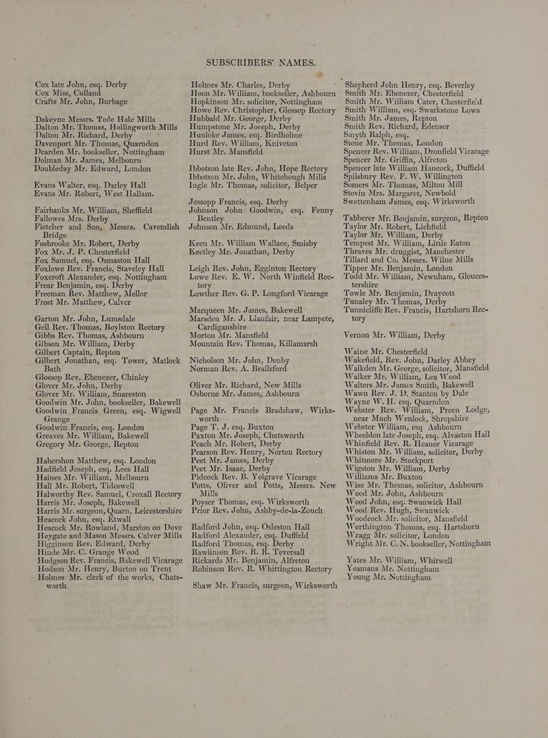 Cox late John, esq. Derby Cox Miss, Culland Crafts Mr. John, Burbage Dakeyne Messrs. Tode Hole Mills Dalton Mr. Thomas, Hollingworth Mills alton Mr. Richard, Derby Davenport Mr. Thomas, Quarndon Dearden Mr. bookseller, Nottingham Dolman Mr. James, Melbourn Doubleday Mr. Edward, London Evans Walter, esq. Darley Hall Evans Mr. Robert, West Hallam. Fairbanks Mr. William, Sheffield Fallowes Mrs. Derby Fletcher and Son, Bridge Fosbrooke Mr. Robert, Derby Fox Mr. J. P. Chesterfield Fox Samuel, esq. Osmaston Hall Foxlowe Rey. Francis, Staveley Hall Foxcroft Alexander, esq. Nottingham Frear Benjamin, esq. Derby Freeman Rey. Matthew, Mellor Frost Mr. Matthew, Calver Messrs. Cavendish Garton Mr. John, Lumsdale Gell Rey. Thomas, Boylston Rectory Gibbs Rev. Thomas, Ashbourn Gibson Mr. William, Derby Gilbert Captain, Repton Gilbert Jonathan, esq. Tower, Matlock Bath Glossop Rev. Ebenezer, Chinley Glover Mr. John, Derby Glover Mr. William, Snareston Goodwin Mr. John, bookseller, Bakewell Goodwin Francis Green, esq. Wigwell Grange Goodwin Francis, esq. London ~ Greaves Mr. William, Bakewell Gregory Mr. George, Repton Habershon Matthew, esq. London Hadtield Joseph, esq. Lees Hall Haines Mr. William, Melbourn Hall Mr. Robert, Tideswell Halworthy Rev. Samuel, Croxall Rectory Harris Mr. Joseph, Bakewell Harris Mr. surgeon, Quarn, Leicestershire Heacock John, esq. Etwall Heacock Mr. Rowland, Marston on Dove Heygate and Mason Messrs. Calver Mills Higginson Rev. Edward, Derby Hinde Mr. C. Grange Wood Hodgson Rev. Francis, Bakewell Vicarage Hodson Mr. Henry, Burton on Trent Holmes Mr. clerk of the works, Chats- worth SUBSCRIBERS’ NAMES. Pe Hoon Mr. William, bookseller, Ashbourn Hopkinson Mr. solicitor, Nottingham Howe Rev. Christopher, Glossop Rectory Hubbald Mr. George, Derby Humpstone Mr. Joseph, Derby Hunlcke James, esq. Birdholme Hurd Rey. William, Kniveton Hurst Mr. Mansfield Ibbotson late Rev. John, Hope Rectory Ibbotson Mr. John, Whitehough Mills Ingle Mr. Thomas, solicitor, Belper Jessopp Francis, esq. Derby Johnson John Goodwin, esq. Fenny Bentle Johnson Mr. Edmund, Leeds Keen Mr. William Wallace, Smisby Keetley Mr. Jonathan, Derby Leigh Rev. John, Egginton Rectory Lowe Rev. E. W. North Winfield Rec- tory Lowther Rev. G. P. Longford Vicarage Macqueen Mr. James, Bakewell Marsden Mr. J. Lianfair, near Lampete, Cardiganshire Morton Mr. Mansfield Mountain Rev. Thomas, Killamarsh Nicholson Mr. John, Denby Norman Rey. A. Brailsford Oliver Mr. Richard, New Mills Osborne Mr. James, Ashbourn Page Mr. Francis Bradshaw, Wirks- worth Page T. J. esq. Buxton Paxton Mr. Joseph, Chatsworth Peach Mr. Robert, Derby Pearson Rev. Henry, Norton Rectory Peet Mr. James, Derby Peet Mr. Isaac, Derby Pidcock Rey. B. Yolgrave Vicarage ‘Potts, Oliver and Potts, Messrs. New Mills Poyser Thomas, esq. Wirksworth Prior Rey. John, Ashby-de-la-Zouch Radford John, esg. Osleston Hall Radford Alexander, esq. Duffield Radford Thomas, esq. Derby Rawlinson Rev. R. R. Teversall Rickards Mr. Benjamin, Alfreton Robinson Rev. R. Whittington Rectory Shaw Mr. Francis, surgeon, Wirksworth Shepherd John Henry, esq. Beverley Smith Mr. Ebenezer, Chesterfield Smith Mr. William Cater, Chesterfield Smith William, esq. Swarkstone Lows Smith Mr. James, Repton Smith Rev. Richard, Edensor Smyth Ralph, esq. Stone Mr. ‘Thomas, London Spencer Rev. William, Dronfield Vicarage Spencer Mr. Griffin, Alfreton Spencer late William Hancock, Duffield Spilsbury Rev. F. W. Willington Somers Mr. Thomas, Milton Mill Stovin Mrs. Margaret, Newbold Swettenham James, esq. Wirksworth Tabberer Mr. Benjamin, surgeon, Repton Taylor Mr. Robert, Lichfield Taylor Mr. William, Derby Tempest Mr. William, Little Eaton Thraves Mr. druggist, Manchester Tillard and Co. Messrs. Wilne Mills Tipper Mr. Benjamin, London Todd Mr. William, Newnham, Glouces- tershire Towle Mr. Benjamin, Draycott Tunaley Mr. Thomas, Derby Tunnicliffe Rey. Francis, Hartshorn Rec- tory Vernon Mr. William, Derby Waine Mr. Chesterfield Wakefield, Rev. John, Darley Abbey Walkden Mr. George, solicitor, Mansfield Walker Mr. William, Lea Wood Walters Mr. James Smith, Bakewell Wawn Rey. J. D. Stanton by Dale Wayne W. H. esq. Quarndon Webster Rev. William, Preen Lodge, near Much Wenlock, Shropshire Webster William, esq. Ashbourn Wheeldon late Joseph, esq. Alvaston Hall Whinfield Rev. R. Heanor Vicarage Whiston Mr. William, solicitor, Derby Whitmore Mr. Stockport Wigston Mr. William, Derby Williams Mr. Buxton Wise Mr. Thomas, solicitor, Ashbourn Wood Mr. John, Ashbourn Wood John, esq. Swanwick Hall Wood Rev. Hugh, Swanwick Woodcock Mr. solicitor, Mansfield Worthington Thomas, esq. Hartshorn Wragg Mr. solicitor, London Wright Mr. C.N. bookseller, Nottingham Yates Mr. William, Whitwell Yeamans Mr. Nottingham Young Mr, Nottingham