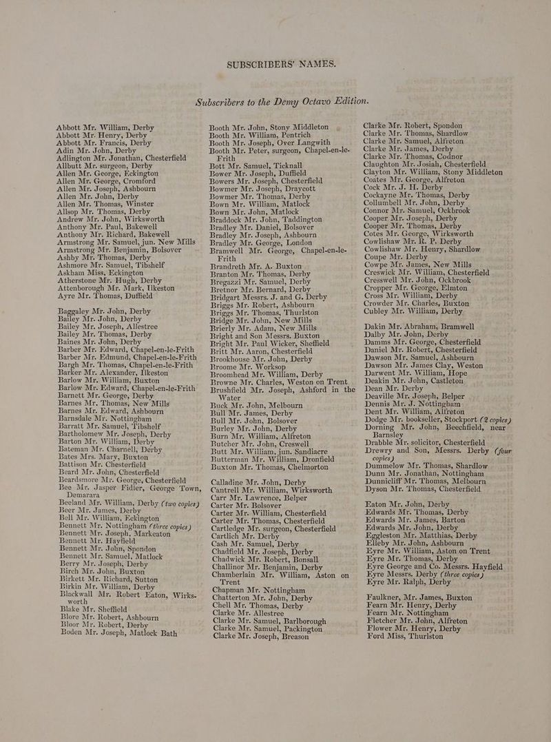 SUBSCRIBERS’ NAMES. Abbott Mr. William, Derby Abbott Mr. Henry, Derby Abbott Mr. Francis, Derby Adin Mr. John, Derby Adlington Mr. Jonathan, Chesterfield Allbutt Mr. surgeon, Derby Allen Mr. George, Eckington Allen Mr. George, Cromford Allen Mr. Joseph, Ashbourn Allen Mr. John, Derby Allen Mr. Thomas, Winster Allsop Mr. Thomas, Derby Andrew Mr. John, Wirksworth Anthony Mr. Paul, Bakewell Anthony Mr. Richard, Bakewell Armstrong Mr. Samuel, jun. New Mills Armstrong Mr. Benjamin, Bolsover Ashby Mr. Thomas, Derby Ashmore Mr. Samuel, Tibshelf Askham Miss, Eckington Atherstone Mr. Hugh, Derby Attenborough Mr. Mark, Ilkeston Ayre Mr. Thomas, Duffield Baggaley Mr. John, Derby Bailey Mr. John, Derby Bailey Mr. Joseph, Allestree Bailey Mr. Thomas, Derby Baines Mr. John, Derby Barber Mr. Edward, Chapel-en-le-Frith Barber Mr. Edmund, Chapel-en-le-Frith Bargh Mr. Thomas, Chapel-en-le-Frith Barker Mr. Alexander, Ilkeston Barlow Mr. William, Buxton Barlow Mr. Edward, Chapel-en-le-Frith Barnett Mr. George, Derby Barnes Mr. Thomas, New Mills Barnes Mr. Edward, Ashbourn Barnsdale Mr. Nottingham Barratt Mr. Samuel, 'Tibshelf Bartholomew Mr. Joseph, Derby Barton Mr. William, Derby Bateman Mr. Charnell, Derby Bates Mrs. Mary, Buxton Battison Mr. Chesterfield Beard Mr. John, Chesterfield Beardsmore Mr. George, Chesterfield Bee Mr. Jasper Fidler, George Town, Demarara Beeland Mr. William, Derby (two copies) Beer Mr. James, Derby Bell Mr. William, Eckington Bennett Mr. Nottingham (three copies ) Bennett Mr. Joseph, Markeaton Bennett Mr. Hayfield Bennett Mr. John, Spondon Bennett Mr. Samuel, Matlock Berry Mr. Joseph, Derby Birch Mr. John, Buxton Birkett Mr. Richard, Sutton 3irkin Mr. William, Derby Blackwall Mr. Robert Eaton, Wirks- worth Blake Mr. Sheffield Blore Mr. Robert, Ashbourn Bloor Mr. Robert, Derby Boden Mr. Joseph, Matlock Bath Booth Mr. John, Stony Middleton Booth Mr. William, Pentrich Booth Mr. Joseph, Over Langwith Booth Mr. Peter, surgeon, Chapel-en-le- Frith Bott Mr. Samuel, Ticknall Bower Mr. Joseph, Duffield Bowers Mr. Joseph, Chesterfield Bowmer Mr. Joseph, Draycott Bowmer Mr. Thomas, Derby Bown Mr. William, Matlock Bown Mr. John, Matlock Braddock Mr. John, Taddington Bradley Mr. Daniel, Bolsover Bradley Mr. Joseph, Ashbourn Bradley Mr. George, London Bramwell Mr. George, Chapel-en-le- Frith Brandreth Mr. A. Buxton Branton Mr. Thomas, Derby Bregazzi Mr. Samuel, Derby Bretnor Mr. Bernard, Derby Bridgart Messrs. J. and G. Derby Briggs Mr. Robert, Ashbourn Briggs Mr. Thomas, Thurlston Bridge Mr. John, New Mills Brierly Mr. Adam, New Mills Bright and Son Messrs. Buxton Bright Mr. Paul Wicker, Sheffield Britt Mr. Aaron, Chesterfield Brookhouse Mr. John, Derby Broome Mr. Worksop Broomhead Mr. William, Derby Browne Mr. Charles, Weston on Trent Water Buck Mr. John, Melbourn Bull Mr. James, Derby Bull Mr. John, Bolsover Burley Mr. John, Derby Burn Mr. William, Alfreton Butcher Mr. John, Creswell Butt Mr. William, jun. Sandiacre Butterman Mr. William, Dronfield Buxton Mr. Thomas, Chelmorton Calladine Mr. John, Derby Cantrell Mr. William, Wirksworth Carr Mr. Lawrence, Belper Carter Mr. Bolsover Carter Mr. William, Chesterfield Carter Mr. Thomas, Chesterfield Cartledge Mr. surgeon, Chesterfield Cartlich Mr. Derby Cash Mr. Samuel, Derby Chadfield Mr. Joseph, Derby Chadwick Mr. Robert, Bonsall Challinor Mr. Benjamin, Derby Chamberlain Mr. William, Aston on Trent Chapman Mr. Nottingham Chatterton Mr. John, Derby Chell Mr. Thomas, Derby Clarke Mr. Allestree Clarke Mr. Samuel, Barlborough Clarke Mr. Samuel, Packington Clarke Mr. Joseph, Breason Clarke Mr. Robert, Spondon Clarke Mr. ‘Thomas, Shardlow Clarke Mr. Samuel, Alfreton Clarke Mr. James, Derby Clarke Mr. Thomas, Codnor Claughton Mr. Josiah, Chesterfield Clayton Mr. William, Stony Middleton Coates Mr. George, Alfreton Cock Mr. J. H. Derby Cockayne Mr. ‘Thomas, Derby Collumbell Mr. John, Derby Connor Mr. Samuel, Ockbrook Cooper Mr. Joseph, Derby Cooper Mr. Thomas, Derby Cotes Mr. George, Wirksworth Cowlishaw Mr. Rt. P, Derby Cowlishaw Mr. Henry, Shardlow Coupe Mr. Derby Cowpe Mr. James, New Mills Creswick Mr. William, Chesterfield Cresswell Mr. John, Ockbrook Cropper Mr. George, Elmton Cross Mr. William, Derby Crowder Mr. Charles, Buxton Cubley Mr. William, Derby Dakin Mr. Abraham, Bramwell Dalby Mr. John, Derby Damms Mr. George, Chesterfield Daniel Mr. Robert, Chesterfield Dawson Mr. Samuel, Ashbourn Dawson Mr. James Clay, Weston Darwent Mr. William, Hope Deakin Mr. John, Castleton Dean Mr. Derby Deaville Mr. Joseph, Belper Dennis Mr. J. Nottingham Dent Mr. William, Alfreton Dodge Mr. bookseller, Stockport (2 copies ) Dorning Mr. John, Beechfield, near Barnsley Drabble Mr. solicitor, Chesterfield Drewry and Son, Messrs. Derby (four copies ) Dummelow Mr. Thomas, Shardlow Dunn Mr. Jonathan, Nottingham _ Dunnicliff Mr. Thomas, Melbourn Dyson Mr. Thomas, Chesterfield Eaton Mr. John, Derby Edwards Mr. Thomas, Derby Edwards Mr. James, Barton Edwards Mr. John, Derby Eggleston Mr. Matthias, Derby Elleby Mr. John, Ashbourn Eyre Mr. William, Aston on Trent Eyre Mr. Thomas, Derby Eyre George and Co. Messrs. Hayfield Eyre Messrs. Derby (three copies ) Eyre Mr. Ralph, Derby Faulkner, Mr. James, Buxton Fearn Mr. Henry, Derby Fearn Mr. Nottingham Fletcher Mr. John, Alfreton Flower Mr. Henry, Derby Ford Miss, Thurlston