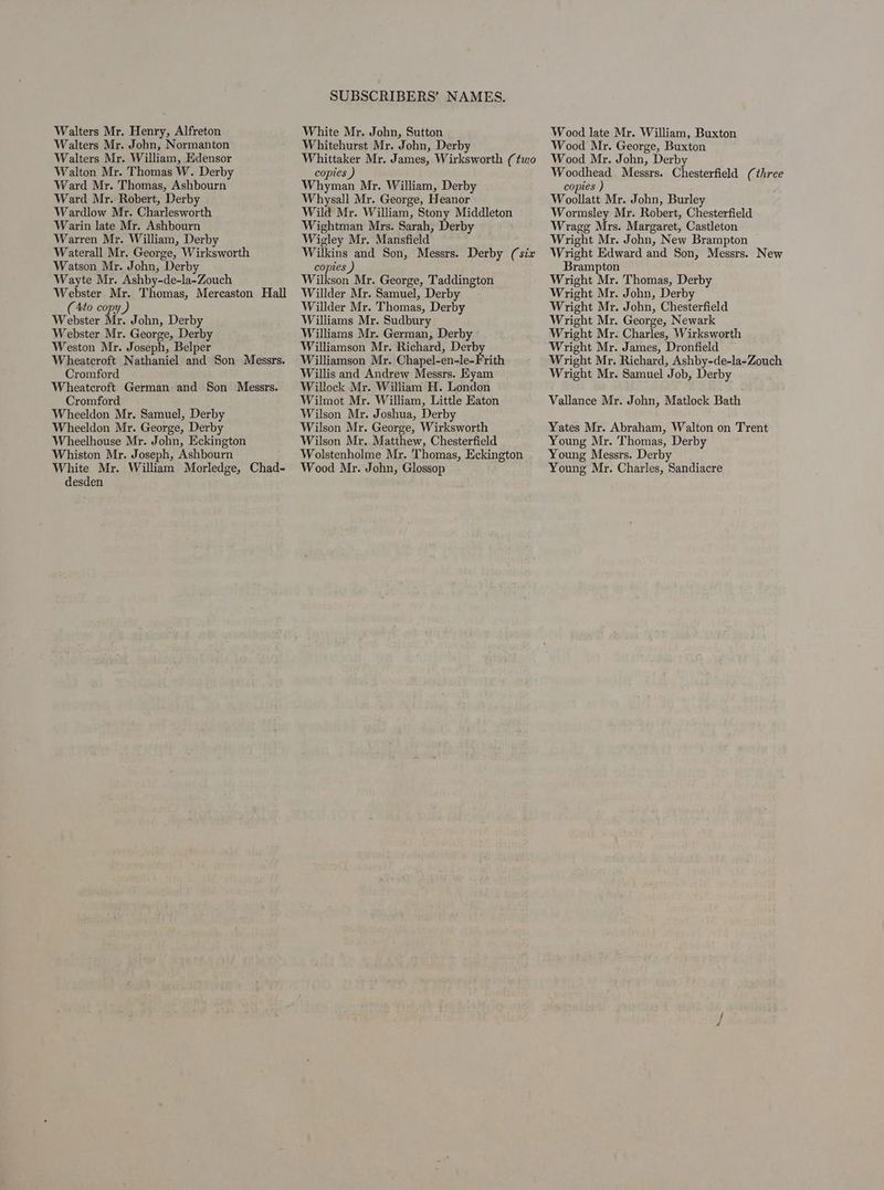 Walters Mr. John, Normanton Walters Mr. William, Edensor Walton Mr. Thomas W. Derby Ward Mr. Thomas, Ashbourn Ward Mr. Robert, Derby Wardlow Mr. Charlesworth Warin late Mr. Ashbourn Warren Mr. William, Derby Waterall Mr. George, Wirksworth Watson Mr. John, Derby Wayte Mr. Ashby-de-la-Zouch Webster Mr. Thomas, Mercaston Hall (Ato copy ) Webster Mr. John, Derby Webster Mr. George, Derby Weston Mr. Joseph, Belper Wheatcroft Nathaniel and Son Messrs. Cromford Wheatcroft German and Son Messrs. Cromford Wheeldon Mr. Samuel, Derby Wheeldon Mr. George, Derby Wheelhouse Mr. John, Eckington Whiston Mr. Joseph, Ashbourn White Mr. William Morledge, Chad- desden SUBSCRIBERS’ NAMES. Whitehurst Mr. John, Derby Whittaker Mr. James, Wirksworth (two copies ) Whyman Mr. William, Derby Whysall Mr. George, Heanor Wild Mr. William, Stony Middleton Wightman Mrs. Sarah, Derby Wigley Mr. Mansfield Wilkins and Son, Messrs. Derby (six copies ) Wilkson Mr. George, Taddington Willder Mr. Samuel, Derby Willder Mr. Thomas, Derby Williams Mr. Sudbury Williams Mr. German, Derby Williamson Mr. Richard, Derby Williamson Mr. Chapel-en-le-F rith Willis and Andrew Messrs. Eyam Willock Mr. William H. London Wilmot Mr. William, Little Eaton Wilson Mr. Joshua, Derby Wilson Mr. George, Wirksworth Wilson Mr. Matthew, Chesterfield Wolstenholme Mr. Thomas, Eckington Wood Mr. John, Glossop Wood Mr. George, Buxton Wood Mr. John, Derby Woodhead Messrs. Chesterfield (three copies ) Woollatt Mr. John, Burley Wormsley Mr. Robert, Chesterfield Wragg Mrs. Margaret, Castleton Wright Mr. John, New Brampton Wright Edward and Son, Messrs. New Brampton Wright Mr. Thomas, Derby Wright Mr. John, Derby Wright Mr. John, Chesterfield Wright Mr. George, Newark Wright Mr. Charles, Wirksworth Wright Mr. James, Dronfield Wright Mr. Richard, Ashby-de-la-Zouch Wright Mr. Samuel Job, Derby Vallance Mr. John, Matlock Bath Yates Mr. Abraham, Walton on Trent Young Mr. Thomas, Derby Young Messrs. Derby Young Mr. Charles, Sandiacre