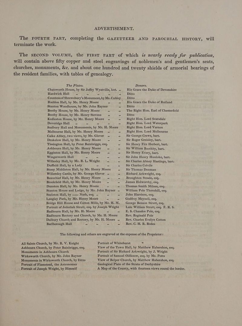 terminate the work. The SECOND VOLUME, the FIRST PART of which 7s nearly ready for publication, The Plates. Chatsworth House, by Sir Jeffry Wyatville, knt. . Hardwick Hall He oa ve a8 “ Countess of Shrewsbury’s Monument, by Mr. Cubley Haddon Hall, by Mr. Henry Moore ve gs Stanton Woodhouse, by Mr. John Rayner ve Bretby House, by Mr. Henry Moore i vn Bretby House, by Mr. Henry Stevens Ee ve Kedleston House, by Mr. Henry Moore . ve Doveridge Hall ~ ve ve o = Sudbury Hall and Monuments, by Mr. H. Moore Melbourne Hall, by Mr. Henry Moore ve Calke Abbey, two views, by Mr. Glover . * Drakelow Hall, by Mr. Henry Moore ve ve Tissington Hall, by Peter Bainbrigge, esq. o Ashbourn Hall, by Mr. Henry Moore me = Egginton Hall, by Mr. Henry Moore ~ a Wingerworth Hall v ~ * vn Willesley Hall, by Mr. R. L. Wright on on Duffield Hall, by a Lady we ve * Stony Middleton Hall, by Mr. Henry Moore ee Willersley Castle, by Mr. George Glover ~ ve Beauchief Hall, by Mr. Henry Moore eo *e Brookfield Hall, by Mr. Henry Moore ies 2 Dunston Hall, by Mr. Henry Moore ~ w Stanton House and Lodge, by Mr. John Rayner ~ Snelston Hall, by —— Nash, esq. ~ * He Langley Park, by Mr. Henry Moore we - Bridge Hill House and Cotton Mills, by Mr. H. M. Portrait of Jedediah Strutt, esq. by Joseph Wright Radbourn Hall, by Mr. H. Moore ws me Radbourn Rectory and Church, by Mr. H. Moore Dalbury Church and Rectory, by Mr. H. Moore .. Barlborough Hall ve ve ve “= Donors. His Grace the Duke of Devonshire Ditto Ditto His Grace the Duke of Rutland Ditto The Right Hon. Earl of Chesterfield Ditto Right Hon. Lord Scarsdale Right Hon. Lord Waterpark Right Hon. Lord Vernon Right Hon. Lord Melbourne Sir George Crewe, bart. Sir Roger Greisley, bart, Sir Henry Fitz Herbert, bart. Sir William Boothby, bart. Sir Henry Every, bart. Sir John Henry Hunloke, bart. Sir Charles Abney Hastings, bart. Sir Charles Colvile Sir Thomas Denman Richard Arkwright, esq. Broughton Steade, esq. James Holworthy, esq. Thomas Smith Milnes, esq. William Pole Thornhill, esq. John Harrison, esq. Godfrey Meynell, esq. George Benson Strutt, esq. Late William Strutt, esq. F. R. S. E, §. Chandos Pole, esq. Rev. Reginald Pole Rey. Charles Evelyn Cotton Rev. C. H. R. Rodes All Saints Church, by Mr. R. V. Knight Ashbourn Church, by Peter Bainbrigge, esq. Monuments in Ashbourn Church Wirksworth Church, by Mr. John Rayner Monuments in Wirksworth Church, by Ditto Portrait of Flamsteed, the Astronomer Portrait of Joseph Wright, by Himself Portrait of Whitehurst : View of the Town Hall, by Matthew Habershon, esq. Portrait of Sir Richard Arkwright, by J. Wright Portrait of Samuel Oldknow, esq. by Mr. Potts View of Belper Church, by Matthew Habershon, esq. Geological Plate of the Strata of Derbyshire A Map of the County, with fourteen views round the border.