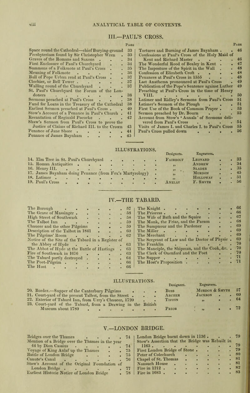 III.—PAUL’S CROSS. Space round the Cathedral—chief Burying-gromid Preshyterium found by Sir (Uudstopher Wren . Graves of the Romans and Saxons First Enclosure of Paul’s Churchyard . . Summons of a Folkmote at Paul’s Cross . Meaning of Folkmote . . . . . Bull of Pope Urban read at Paul’s Cross . . Clochier, or Bell Tower ..... Walling round of the Churchyard St. Paul’s Churchyard the Forum of the Lon- doners ....... Sermons preached at Paul’s Cross . Fund for Loans in the Treasury of the Cathedral Earliest Sermon preached at Paul’s Cross . Stow’s Account of a Penance in Paul’s Church . Recantation of Reginald Pococke Shaw’s Sermon from Paul’s Cross to prove the Justice of Claims of Richard III. to the Crown Page 33 33 34 34 35 36 37 37 37 38 38 38 40 41 42 43 Tortures and Burning of James Baynham . . Confessions at Paul’s Cross of the Holy Maid of Kent and Richard Master . . The Wonderful Rood of Boxley in Kent The Imposture of the Spirit in the Wall Confession of Elizabeth Croft . . Penances at Paul’s Cross in 1555 Last Anathema pronounced at Paul’s Cross . Publication of the Pope’s Sentence against Luther Preaching at Paul’s Cross in the time of Henry VIII Latimer and Ridley’s Sermons from Paul’s Cross Latimer’s Sermon of the Plough ... First Use of the Book of Common Prayer . Sermon preached by Dr. Bourn . Account from Stow’s ‘ Annals ’ of Sermons deli- vered from Paul’s Cross .... Visits of James I. and Charles I. to Paul’s Cross Page 46 46 47 48 48 48 49 49 50 51 51 53 53 54 55 Penance of Jane Shore . . . . . 44 Paul’s Cross pulled down • • » . 56 Penance of James Baynham . . . • 45 ILLUSTRATIONS. Designers. Engravers. 14. Elm Tree in St. Paul’s Churchyard • • • , 4 Fairiiolt Leonard . . 33 15. Roman Antiquities ... • • • , * ,, Andrew . 34 16. Henry III Seader . 35 17. James Baynham doing Penance (from Fox’s Martyrology) . Murdon . 45 18. Latimer , . , , ♦ Holloway . 51 19. Paul’s Cross .... Anelay F. S.MYTH . . 56 IV.—THE TABARD. The Borough ..... The Grave of Massinger .... High Street of Southwark The Talbot Inn ..... Chaucer and the other Pilgrims . . Description of the Talbot in 1841 . The Pilgrims’ Room .... Notice of the Site of the Tabard in a Register the Abbey of Hyde .... The Abbot of Hyde at the Battle of Hastings Fire of Southwark in 1676 . . The Tabard partly destroyed . The Poet-Pilgrim ..... The Host ...... of 57 The 58 The 58 The 59 'The 59 The 60 The 62 The The 63 'The 03 The 63 The 04 'The 66 The 66 Physic &c. 66 66 07 68 69 69 69 69 70 70 70 71 71 ILLUSTRATIONS. 20. Border.—Supper of the Canterbury Pilgrims . . . 21. Court-yard of the present Talbot, from the Street ... 22. Exterior of'Tabard Inn, from Urry's Chaucer, 1720 23. Court-yard of the 'Tabard, from a Drawing in the British Museum about 1780 . Designers. Buss Archer Tiffin Prior Engravers. Murdon & Smyth Jackson 57 60 64 72 V.—LONDON BRIDGE. Bridges over the Thames .... Mention of a Bridge over the Thames in the year 44 by Dion Cassius ..... Voyage of King Anlaf up the Thames . . Battle of London Bridge .... Canute’s Canal ...... Stow’s Account of the Original Foundation of London Bridge ...... Earliest Historic Notice of London Bridge . 74 74 75 London Bridge burnt down in 1136 . Stow’s Assertion that the Bridge was Rebuilt in 1163. First London Bridge of Stone Peter of Colechurch Chapel of St. Thomas Nonsuch House . Fire in 1212 . . Fire in 1683 . . 79 79 80 81 81 82 83