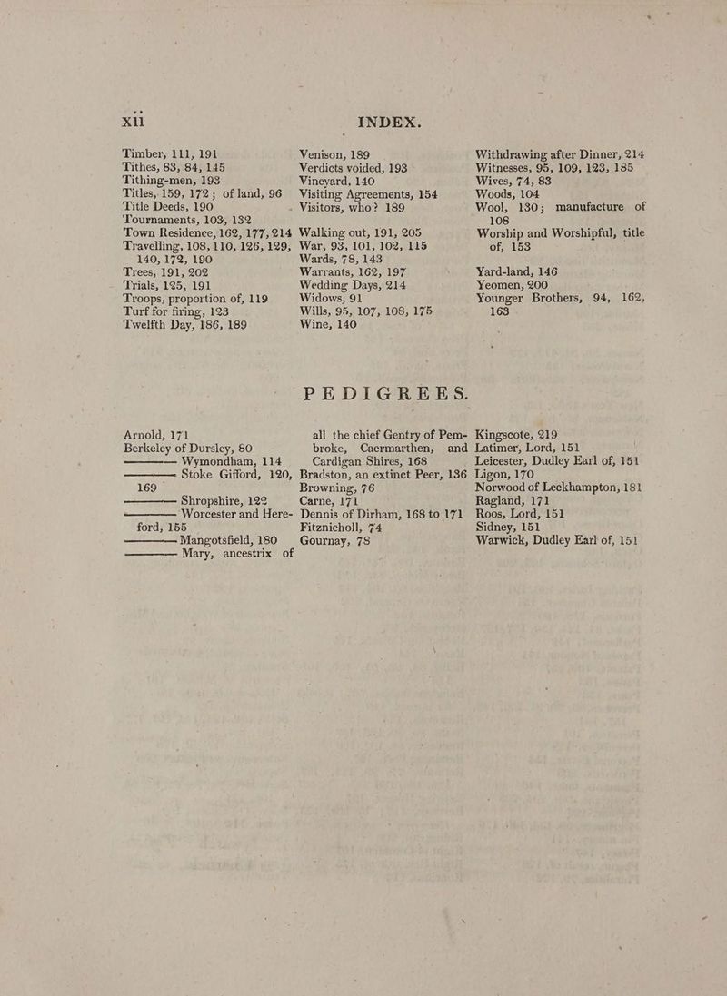 Xll Timber, 111, 191 Tithes, 83, 84, 145 Tithing-men, 193 Titles, 159, 172; of land, 96 Title Deeds, 190 ‘Tournaments, 103, 1382 Town Residence, 162, 177,214 Travelling, 108, 110, 126, 129, 140, 172, 190 Trees, 191, 202 Trials, 125, 191 Troops, proportion of, 119 Turf for firing, 123 Twelfth Day, 186, 189 Arnold, 171 Berkeley of Dursley, 80 — Wymondham, 114 Stoke Gifford, 120, 169 — Shropshire, 122 Worcester and Here- ford, 155 — Mangotsfield, 180 — Mary, ancestrix of INDEX. Venison, 189 Verdicts voided, 193 Vineyard, 140 Visiting Agreements, 154 Visitors, who? 189 Walking out, 191, 205 War, 93, 101, 102, 115 Wards, 78, 143 Warrants, 162, 197 Wedding Days, 214 Widows, 91 Wills, 95, 107, 108, 175 Wine, 140 PEDIGREES. all the chief Gentry of Pem- broke, Caermarthen, and Cardigan Shires, 168 Bradston, an extinct Peer, 136 Browning, 76 Carne, 171 Dennis of Dirham, 168 to 171 Fitznicholl, 74 Gournay, 78 Withdrawing after Dinner, 214 Witnesses, 95, 109, 123, 135 Wives, 74, 83 Woods, 104 Wool, 130; 108 Worship and Worshipful, title of, 153 manufacture of Yard-land, 146 Yeomen, 200 Younger Brothers, 94, 162, 163 Kingscote, 219 Latimer, Lord, 151 Ligon, 170 Norwood of Leckhampton, 181 Ragland, 171 Roos, Lord, 151 Sidney, 151 Warwick, Dudley Earl of, 151