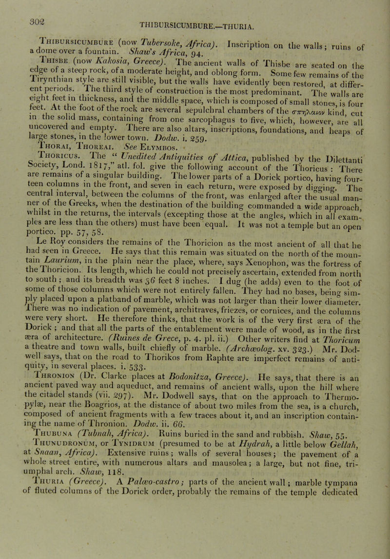 THIBURSICUMBURE,—THURIA. Thibuksicumbure {no^ Tuhersohe', Africa). Inscription on the walls; ruins of a dome over a fountain. Shaw s Africa^ 94. Ihisbe (now Kahosia, Greece). The ancient walls of Thisbe are seated on the edge of a steep rock, of a moderate height, and oblong form. Some few remains of the lirynthian st;^e are still visible, but the walls have evidently been restored at differ- ent periods. Ihe third style of construction is the most predominant. The walls are f thickness, and the middle space, which is composed of small stones is four feet. At the foot of the rock are several sepulchral chambers of the o-TrijAaiov kind cut in the solid mass, containing from one sarcophagus to five, which, however are all uncovered and empty. There are also altars, inscriptions, foundations, and heaps of large stones, in the lower town. Dodw. i. 259. Ihorai, Thoreai. *S'ee Elvmbos. • Thoricus. The “ Unedited Antiquities of Attica, published bv the Dilettanti ^society, Lond. 1817,” atl. fol. give the following account of the Thoricus: There are remains of a singular building. The lower parts of a Dorick portico, having four- teen columns in the front, and seven in each return, were exposed by digging The central interval, between the columns of the front, was enlarged after the usual man- nei of the Greeks, when the destination of the building commanded a wide approach whilst in the returns, the intervals (excepting those at the angles, which in all exam- ples are less than the others) must have been equal. It was not a temple but an open portico, pp. 57, 58. r r Le Roy considers the remains of the Thoricion as the most ancient of all that he had seen in Greece. He says that this remain was situated on the north of the moun- Laurium, in the plain near the place, where, says Xenophon, was the fortress of thelhoricion. Its length, which he could not precisely ascertain, extended from north to south ; and its breadth was 56 feet 8 inches. I dug (he adds) even to the foot of some of those columns which were not entirely fallen. They had no bases, being sim- ply placed upon a platband of marble, which was not larger than their lower diameter. Xhere was no indication of pavement, architraves, friezes, or cornices, and the columns were very short. He therefore thinks, that the work is of the very first sera of the Dorick ; and that all the parts of the entablement were made of wood, as in the first aera of architecture. (Ruines de Grece, p. 4. pi. ii.) Other writers find at Tkoricum a theatre and town walls, built chiefly of marble. (Archoeolog. xv. 323.) Mr. Dod- well says, that on the road to Thorikos from Raphte are imperfect remains of anti- quity, in several places, i. 533. Thronion (Dr. Clarke places at Bodonitza, Gj'eece). He says, that there is an ancient paved way and aqueduct, and remains of ancient walls, upon the hill where the citadel stands (vii. 297)- Mr. Dodwell says, that on the approach to Thermo- pylae, near the Boagrios, at the distance of about two miles from the sea, is a church, composed of ancient fragments with a few traces about it, and an inscription contain- ing the name of Thronion. Dodw. ii. 66. Thubuna (Tuhnah, Africa). Ruins buried in the sand and rubbish. Shaw, 55. Thunudronum, or Tynidrum (presumed to be at Hydrah, a little below Gellah, Snaan., Africa). Extensive ruins; walls of several houses; the pavement of a whole street entire, with numerous altars and mausolea; a large, but not fine, tri- umphal arch. 118. Tiiuria (Greece). Pl Paleeo-castro; parts of the ancient wall; marble tympana of fluted columns of the Dorick order, probably the remains of the temple dedicated