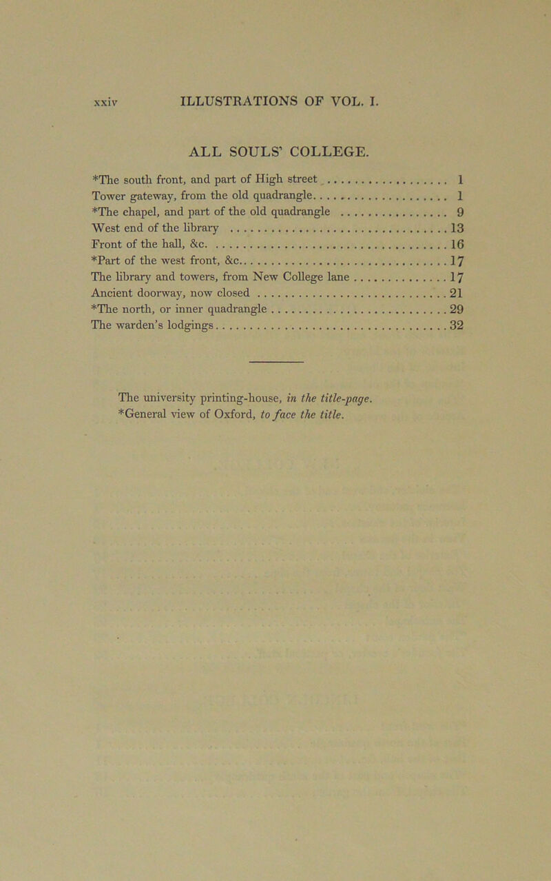 ALL SOULS’ COLLEGE. *The soutli front, and part of High street 1 Tower gateway, from the old quadrangle 1 *The chapel, and part of the old quadrangle 9 West end of the library 13 Front of the hall, &c 16 *Part of the west front, &c 17 The hbrary and towers, from New College lane 17 Ancient dooi’way, now closed 21 *The north, or inner quadrangle 29 The warden’s lodgings 32 'The university printing-house, in the title-page. *General view of Oxford, to face the title.