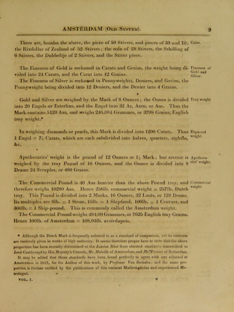 There are, besides the above, the piece of 50 Stivers, and pieces of 30 and 10; Coins, the Rixdollar of Zealand of 52 Stivers; the coin of 28 Stivers, the Schilling of 6 Stivers, the Dubbeltje of 2 Stivers, and the Stiver piece. The Fineness of Gold is reckoned in Carats and Grains, the weight being di- Fineness of vided into 24 Carats, and the Carat into 12 Grains. Silver11* The Fineness of Silver is reckoned in Pennyweights, Beniers, and Grains, the Pennyweight being divided into 12 Deniers, and the Denier into 4 Grains. Gold and Silver are weighed by the Mark of 8 Ounces ; the Ounce is divided Troy weight into 20 Engels or Esterlins, and the Engel into 32 Az, Azen, or Aas. Thus the Mark contains 5120 Aas, and weighs 240,084 Grammes, or 3798 Grains, English troy weight.* In weighing diamonds or pearls, this Mark is divided into 1200 Carats. Thus Diamond l Engel = 7i Carats, which are each subdivided into halves, quarters, eighths, weigllt* &c. Apothecaries’ weight is the pound of 12 Ounces or 1^ Mark; but arsenic is Apotheca- weighed by the troy Pojind of 16 Ounces, and the Ounee is divided into 8 ries we,Sh; Drams 24 Scruples, or 480 Grains. The Commercial Pound is 40 Aas heavier than the above Pound troy, and Commercial therefore weighs 10280 Aas. Flence 2561b. commercial weight = 2571b. Dutch troy. This Pound is divided into 2 Marks, 16 Ounces, 32 Loots, or 128 Drams. Its multiples are 81b. — 1 Stone, 151b. — 1 Shipfund, 1001b. — 1 Centner, and 3001b. n 1 Ship-pound. This is commonly called the Amsterdam weight. The Commercial Pound weighs 494,09 Grammes, or 7625 English troy Grains. Hence 1001b. of Amsterdam = 108,931b. avoirdupois. • Although the Dutch Mark is frequently referred to as a standard of comparison, yet its contents are variously given in works of high authority. Jt seems therefore proper here to state that the above proportion has been recently determined at the London Mint from attested standards transmitted to Lord Castlcrcacjhby His Majesty’s Consuls, Mr. Melville of Amsterdam, and Mr.'Fcrrier of Rotterdam. It may be added that those standards have been found perfectly to agree with one adjusted at Amsterdam in 1817, for the Author of this work, by Professor Van Swinden; and the same pro- portion is further verified by the publications of this eminent Mathematician and experienced Me- trologist. • c VOL. I.