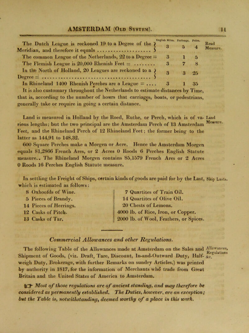 The Dutch League is reckoned 19 to a Degree of the English Miles. ? Q Furlongs. Polei. Road Meridian, and therefore it equals 5 3 O ** Measure. The common League of the Netherlands, 22 to a Degree = 3 1 5 The Flemish League is 20,000 Rhenish Feet = 3 7 8 In tire North of Holland, 20 Leagues are reckoned to a l 3 3 25 Degree - In Rhineland 1400 Rhenish Perches are a League = .., 3 1 35 It is also customary throughout the Netherlands to estimate distances by Time, that is, according to the number of hours that carriages, boats, or pedestrians, generally take or require in going a certain distance. Land is measured in Holland by the Roed, Rutlie, or Perch, which is of va- Land rious lengths; but the two principal are the Amsterdam Perch of 13 Amsterdam Measure* Feet, and the Rhineland Perch of 12 Rhineland Feet; the former being to the latter as 144,91 to 148,32. 600 Square Perches make a Morgen or Acre. Hence the Amsterdam Morgen equals 81,2866 French Ares, or 2 Acres 0 Roods 6 Perches English Statute measure.. The Rhineland Morgen contains 85,1579 French Ares or 2 Acres 0 Roods 16 Perches English Statute measure. In settling the Freight of Ships, certain kinds of goods are paid for by the Last, Ship Lasts, which is estimated as follows: 8 Oxhoofds of Wine. 5 Pieces of Brandy. 14 Pieces of Herrings. 12 Casks of Pitch. 13 Casks of Tar. 7 Quartites of Train Oil. 14 Quartites of Olive Oil. 20 Chests of Lemons. 4000 lb. of Rice, Iron, or Copper. 2000 lb. of Wool, Feathers, or Spices. Commercial Allowances and other Regulations. The following Table of the Allowances made at Amsterdam on the Sales and -Allowances, Shipment of Goods, (viz. Draft, Tare, Discount, ln-and-Outward Duty, Half- &c. weigh Duty, Brokerage, with further Remarks on sundry Articles,) was printed by authority in 1817, for the information of Merchants who trade from Great Britain and the United States of America to Amsterdam. $£}* Most of those regulations are of ancient standing, and mag therefore be considered as permanently established. The Duties, however, are an exception ; but the Table is, notwithstanding, deemed worthy of a place in this work.