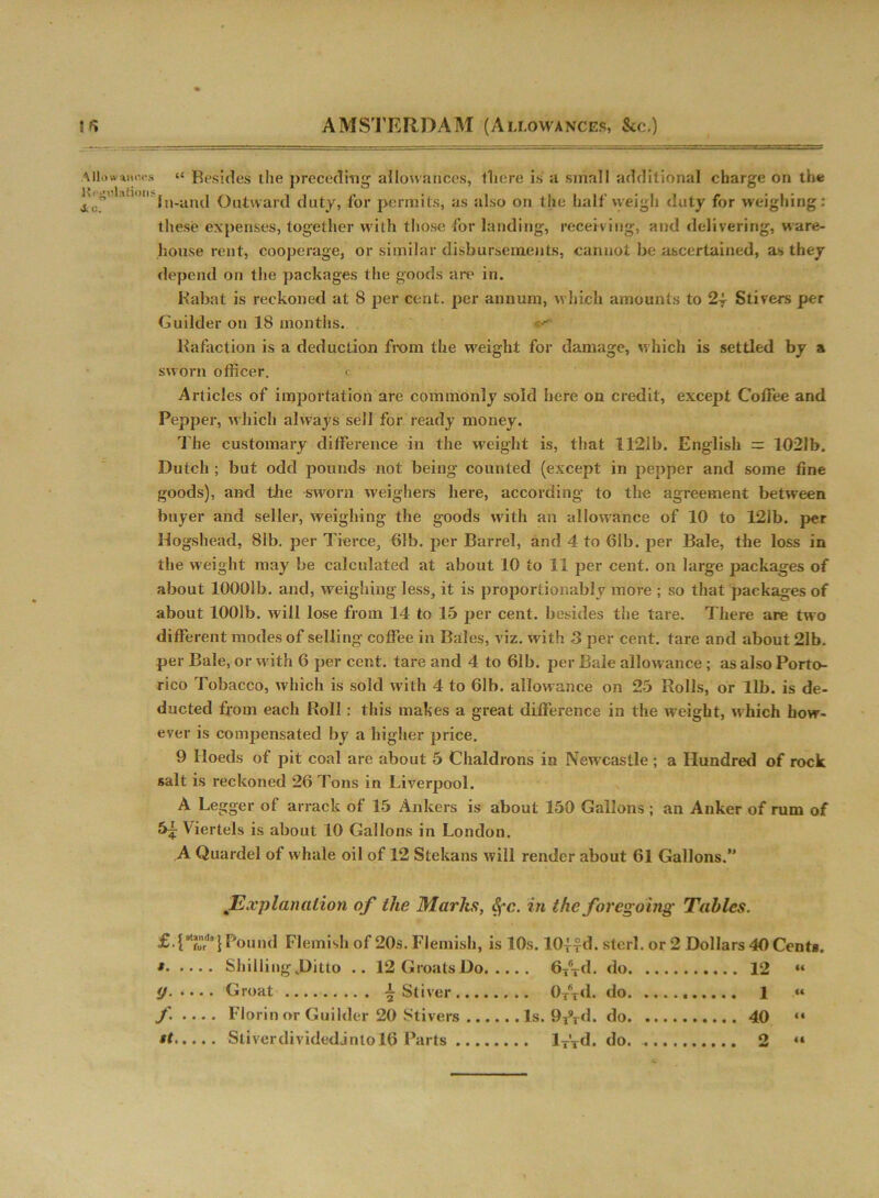 “ Besides the preceding allowances, there is a small additional charge on the In-aml Outward duty, for permits, as also on the half weigh duty for weighing: these expenses, together with those for landing, receiving, and delivering, ware- house rent, cooperage, or similar disbursements, cannot be ascertained, as they depend on the packages the goods are in. Rabat is reckoned at 8 per cent, per annum, which amounts to 2| Stivers per Guilder on 18 months. ^ Refaction is a deduction from the weight for damage, which is settled by a sworn officer. fc Articles of importation are commonly sold here on credit, except Coffee and Pepper, which always sell for ready money. The customary difference in the weight is, that 1121b. English =: 1021b. Dutch ; but odd pounds not being counted (except in pepper and some fine goods), and the sworn weighers here, according to the agreement between buyer and seller, weighing the goods with an allowance of 10 to 121b. per Hogshead, 81b. per Tierce, 61b. per Barrel, and 4 to 61b. per Bale, the loss in the weight may be calculated at about 10 to 11 per cent, on large packages of about 10001b. and, weighing less, it is proportionably move ; so that packages of about 1001b. will lose from 14 to 15 per cent, besides the tare. There are two different modes of selling coffee in Bales, viz. with 3 per cent, tare and about 21b. per Bale, or with 6 per cent, tare and 4 to 61b. per Bale allowance; as also Porto- rico Tobacco, which is sold with 4 to 61b. allowance on 25 Rolls, or lib. is de- ducted from each Roll: this makes a great difference in the weight, which how- ever is compensated by a higher price. 9 Hoeds of pit coal are about 5 Chaldrons in New castle ; a Hundred of rock salt is reckoned 26 Tons in Liverpool. A Legger of arrack of 15 Ankers is about 150 Gallons ; an Anker of rum of Viertels is about 10 Gallons in London. A Quardel of whale oil of 12 Stekans will render about 61 Gallons. Explanation of the Marks, Sfc. in the foregoing Tables. £.{*tfurdl'}Pound Flemish of 20s. Flemish, is 10s. 10jrd. sterl. or 2 Dollars 40 Cents. t. . . . . Shilling Ditto .. 12 Groats Do. .. 6T6Td. do 12 44 .. . . Groat — Stiver . . Ot6t(1. do 1 (t /... .. Florin or Guilder 20 Stivers . Is. 9fYd. do 4ft