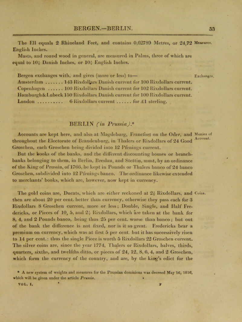 BERGEN.—BERLIN. The F.ll equals 2 Rhineland Feet, and contains 0,62789 Metres, or 24,72 Measures. English Inches. Masts, and round wood in general, are measured in Palms, three of which are equal to 10| Danish Inches, or 104- English Inches. Bergen exchanges with, and gives (more or less) to— Exchanges. Amsterdam 143 Rixdolkirs Danish current for 100 Rixdollars current. Copenhagen 100 Rixdollars Danish current for 102 Rixdollars current. Hamburgh&Lubeck 150 Rixdollars Danish current for 100 Rixdollars current. London 6 Rixdollars current for £1 sterling. BERLIN (in Prussia)* Accounts are kept here, and also at Magdeburg, Francfort on the Oder, and Monies of throughout the Electorate of Brandenburg, in Thalers or Rixdollars of 24 Good A< t' u* Groschen, each Groschen being divided into 12 Pfenings current. But the books of the banks, and the different discounting houses or branch- banks belonging to them, in Berlin, Breslau, and Stettin, must, by an ordinance of the King of Prussia, of 1766, be kept in Pounds or Thalers banco of 24 banco Groschen, subdivided into 12 Pfenings banco. The ordinance likewise extended to merchants’ books, which are, however, now kept in currency. The gold coins are, Ducats, which are either reckoned at 2| Rixdollars, and Coins, then are about 20 per cent, better than currency, otherwise they pass each for 3 Rixdollars 8 Groschen current, more or less; Double, Single, and Half Fre- dericks, or Pieces of 10, 5, and Rixdollars, which are taken at the bank for 8, 4, and 2 Pounds banco, being thus 25 per cent, worse than banco; but out of the bank the difference is not fixed, nor is it so great. Fredericks bear a premium on currency, which was at first 5 per cent, but it has successively risen to 14 per cent.: thus the single Piece is worth 5 Rixdollars 22 Groschen current. The silver coins are, since the year 1774, Thalers or Rixdollars, halves, thirds, quarters, sixths, and twelfths ditto, or pieces of 24, 12, 8, 6, 4, and 2 Groschen, which form the currency of the country, and are, by the king’s edict for the * A new system of weights and measures for the Prussian dominions was decreed May 16, 1810, which will be given under the article Pruisia. • VOL. I. * V