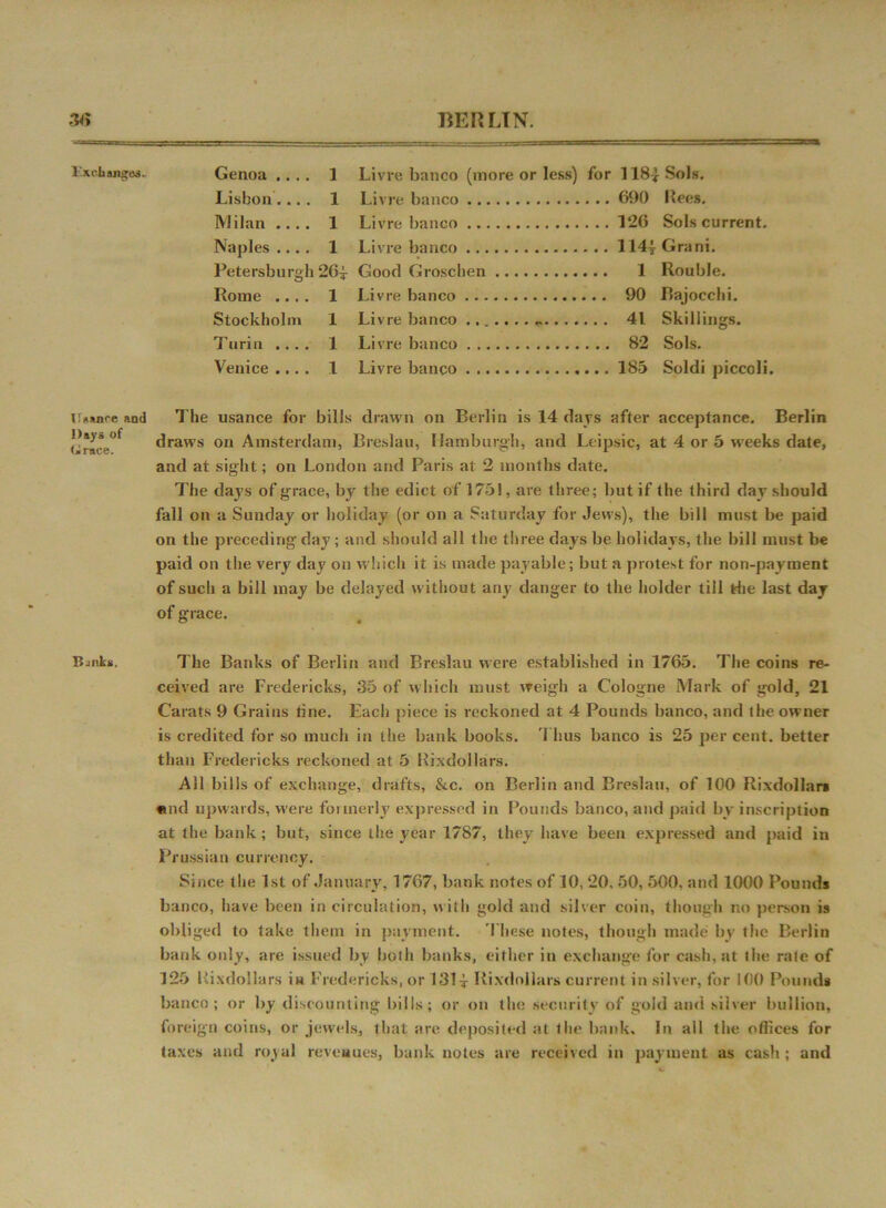 1'xchtRgU. Usance and Days of (» race. Bunks. Genoa .... 1 Livre banco (more or less) for 118? Sols. Lisbon.... 1 Livre banco 690 Rees. Milan .... 1 Livre banco 126 Sols current. Naples .... 1 Livre banco 114?Grani. Petersburgh 26? Good Groschen 1 Rouble. Rome .... 1 Livre banco 90 Rajocclii. Stockholm 1 Livre banco ....... 41 Skillings. Turin .... 1 Livre banco 82 Sols. Venice .... 1 Livre banco 185 Soldi piccoli. The usance for bills drawn on Berlin is 14 days after acceptance. Berlin draws on Amsterdam, Breslau, Hamburgh, and Leipsic, at 4 or 5 weeks date, and at sight; on London and Paris at 2 months date. The days of grace, by the edict of 1751, are three; but if the third dayT should fall on a Sunday or holiday (or on a Saturday for Jews), the bill must be paid on the preceding day ; and should all the three days be holidays, the bill must be paid on the very day on which it is made payable; but a protest for non-payment of such a bill may be delayed without any danger to the holder till trlie last day of grace. The Banks of Berlin and Breslau were established in 1765. The coins re- ceived are Fredericks, 35 of which must weigh a Cologne Mark of gold, 21 Carats 9 Grains tine. Each piece is reckoned at 4 Pounds banco, and the owner is credited for so much in the bank books. Thus banco is 25 per cent, better than Fredericks reckoned at 5 Rixdollars. All bills of exchange, drafts, &c. on Berlin and Breslau, of 100 Rixdollars and upwards, were formerly expressed in Pounds banco, and paid by inscription at the bank; but, since the year 1787, they have been expressed and paid in Prussian currency. Since the 1st of January, 1767, bank notes of 10, 20. 50, 500, and 1000 Pounds banco, have been in circulation, with gold and silver coin, though no person is obliged to take them in payment. These notes, though made by the Berlin bank only, are issued by both banks, either in exchange for cash, at the rate of 125 Rixdollars ia Fredericks, or 131? Rixdollars current in silver, for 100 Pounds banco; or by discounting bills; or on the security of gold and silver bullion, foreign coins, or jewels, that are deposited at the bank. In all the offices for taxes and royal revenues, bank notes are received in payment as cash ; and