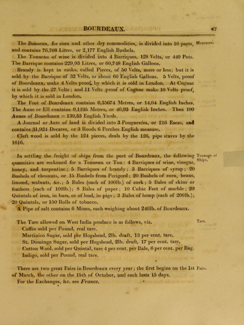 The Boisseau, for corn and other dry commodities, is divided into 16 parts, Measure?, and contains 76,708 Litres, or 2,177 English Bushels. The Tonneau of wine is divided into 4 Barriques, 128 Veits, or 440 Pots. The Barrique contains 229,93 Litres, or 60,748 English Gallons. Brandy is kept in casks, called Pieces, of 50 Veits, more or less; but it is sold by the Barrique of 32 Veits, or about 60 English Gallons. 5 Veits, proof of Bourdeaux, make 4 Veits proofs by which it is sold in London. At Cognac it is sold by the 27 Veits ; and 11 Veits proof of Cognac make 10 Veits proof, by which it is sold in London. The Foot of Bourdeaux contains 0,35674 Metres, or 14,04 English Inches. The Aune or Ell contains 0,1195 Metres, or 46,93 English Inches. Thus 100 Aunes of Bourdeaux = 130,33 English Yards. A Journal or Acre of land is divided into 3 Pougnerees, or 216 Escas, and contains 31,924 Decares, or 3 Roods 6 Perches English measure. Cleft wood is sold by the 124 pieces, deals by the 126, pipe staves by the 1616. In settling the freight of ships from the port of Bourdeaux, the following Tonnage of quantities are reckoned for a Tonneau or Ton : 4 Barriques of wine, vinegar, Slups‘ honey, and turpentine; 5 Barriques of brandy; 3 Barriques of syrup; 20 Bushels of chesnuts, or 15 Bushels from Perigord; 20 Bushels of corn, beans, linseed, walnuts, &c.; 5 Bales (each of 1001b.) of cork; 5 Bales of skins or feathers (each of 1001b.); 8 Bales of paper; 10 Cubic Feet of marble ; 20 Quintals of iron, in bars, or of lead, in pigs ; 3 Bales of hemp (each of 2001b.}; 20 Quintals, or 150 Rolls of tobacco. A Pipe of salt contains 6 Mines, each weighing about 2401b. of Bourdeaux. The Tare allowed on West India produce is as follows, viz. Tare* Coffee sold per Pound, real tare. Martinico Sugar, sold per Hogshead, 21b. draft, 13 per cent. tare. St. Domingo Sugar, sold per Hogshead, 21b. draft, 17 per cent. tare. Cotton Wool, sold per Quintal, tare 4 per cent, per Bale, 6 per cent, per Bag. Indigo, sold per Pound, real tare. There are two great Fairs in Bourdeaux every year; the first begins on the 1st Fairs, of March, the other on the 15th of October, and each lasts 15 days. For the Exchanges, &c. see France.