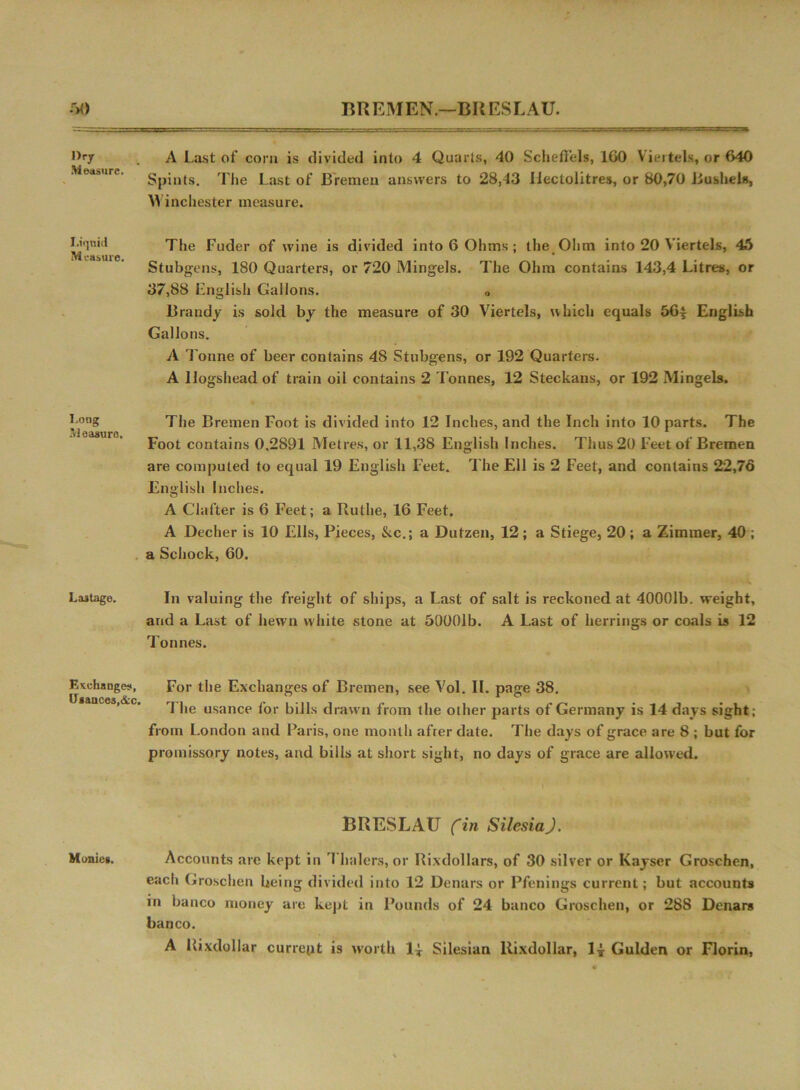 Dry Measure. Liquid M easure. Long M eaauro. Lastage. Exchanges Usaaces.&c Monies. A Last of corn is divided into 4 Quarts, 40 Schefi'els, 100 Viertels, or 640 Spints. The Last of Bremen answers to 28,43 Hectolitres, or 80,70 Bushels, M inchester measure. The Fuder of wine is divided into 6 Ohms; the Ohm into 20 Viertels, 45 Stubgens, 180 Quarters, or 720 Mingels. The Ohm contains 143,4 Litres, or 37,88 English Gallons. 0 Brandy is sold by the measure of 30 Viertels, which equals 56| English Gallons. A Tonne of beer contains 48 Stubgens, or 192 Quarters. A Hogshead of train oil contains 2 Tonnes, 12 Steckans, or 192 Mingels. The Bremen Foot is divided into 12 Inches, and the Inch into 10 parts. The Foot contains 0,2891 Metres, or 11,38 English Inches. Thus 20 Feet of Bremen are computed to equal 19 English Feet. The Ell is 2 Feet, and contains 22,76 English Inches. A Clafter is 6 Feet; a Ruthe, 16 Feet. A Decher is 10 Ells, Pieces, &c.; a Dutzen, 12; a Stiege, 20; a Zimmer, 40 ; a Schock, 60. ••x In valuing the freight of ships, a Last of salt is reckoned at 40001b. weight, and a Last of hewn white stone at 50001b. A Last of herrings or coals is 12 Tonnes. For the Exchanges of Bremen, see Yol. II. page 38. 1 he usance for bills drawn from the other parts of Germany is 14 days sight; from London and Paris, one month afrer date. The days of grace are 8 ; but for promissory notes, and bills at short sight, no days of grace are allowed. BRESLAU (in Silesia). Accounts are kept in Thalers, or Rixdollars, of 30 silver or Kayser Groschen, each Groschen being divided into 12 Denars or Pfennigs current; but accounts in banco money are kept in Pounds of 24 banco Groschen, or 288 Denars banco. A Rixdollar current is worth 1| Silesian llixdollar, 1^ Gulden or Florin,