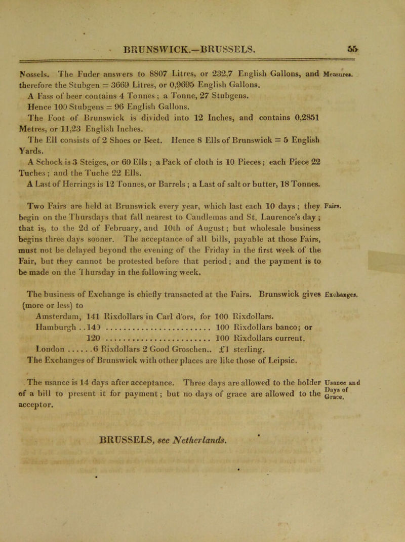 BRUNSWICK.—BRUSSELS. ,V> Nossels. The Fuder answers to 8807 Litres, or 232,7 English Gallons, and Measures, therefore the Stubgen r= 3669 Litres, or 0,9695 English Gallons. A Fass of beer contains 4 Tonnes ; a Tonne, 27 Stubgens. Hence 100 Stubgens = 96 English Gallons. 7'he Foot of Brunswick is divided into 12 Inches, and contains 0,2851 Metres, or 11,23 English Inches. The Ell consists of 2 Shoes or Feet. Hence 8 Ells of Brunswick = 5 English Yards. A Schock is 3 Steiges, or 60 Ells ; a Pack of cloth is 10 Pieces ; each Piece 22 Tuches ; and the Tuche 22 Ells. A Last of Herrings is 12 Tonnes, or Barrels ; a Last of salt or butter, 18 Tonnes. Two Fairs are held at Brunswick every year, which last each 10 days; they Fairs, begin on the Thursdays that fall nearest to Candlemas and St. Laurence’s day ; that is, to the 2d of February, and 10th of August; but wholesale business begins three days sooner. The acceptance of all bills, payable at those Fairs, must not be delayed beyond the evening of the Friday in the first week of the Fair, but they cannot be protested before that period; and the payment is to be made on the Thursday in the following week. The business of Exchange is chiefly transacted at the Fairs. Brunswick gives Exchanges, (more or less) to Amsterdam, 141 Rixdollars in Carl d’ors, for 100 Rixdollars. Hamburgh . .141 100 Rixdollars banco; or 120 100 Rixdollars current. London 6 Rixdollars 2 Good Groschen.. £1 sterling. The Exchanges of Brunswick with other places are like those of Leipsic. / The usance is 14 days after acceptance. Three days are allowed to the holder Usance and of a bill to present it for payment; but no days of grace are allowed to the acceptor. BRUSSELS, see Netherlands.