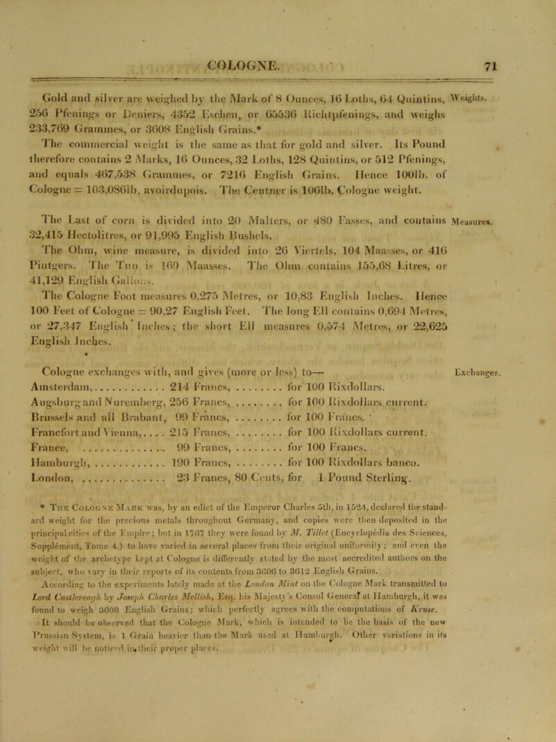 Gold and silver are weighed by the Mark of 8 Ounces, 16 Loths, 64 Quintins, 256 Pfenings or Deniers, 4352 Esclien, or 65536 Kichlpfenings, and weighs 233,769 Grammes, or 3608 English Grains.* 1 lie commercial weight is the same as that for gold and silver. Its Pound therefore contains 2 Marks, 16 Ounces, 32 l.oths, 128 Quintins, or 512 Pfenings, and equals 467,538 Grammes, or 7216 English Grains. Hence 1001b. of Cologne — 103,0861b. avoirdupois. The Centner is 1061b. Cologne weight. The Last of corn is divided into 20 Makers, or 480 Passes, and contains 32,415 Hectolitres, or 91,995 English Bushels. The Ohm, wine measure, is divided into 26 Viertels, 104 Maasses, or 416 Pintgers. The 'fun is 160 Maasses. The Ohm contains 155,68 Litres, or 41,129 English Gallons. The Cologne Foot measures 0,275 Metres, or 10,83 English Inches. Hence 100 Feet of Cologne = 90,27 English Feel. The long Ell contains 0,694 Metres, or 27,347 English Inches; the short Ell measures 0,574 Metres, or 22,625 English Inches. Cologne exchanges with, and gives (more or less) to— Amsterdam, 214 Francs, for 100 Rixdollars. Augsburg and Nuremberg, 256 Francs, for 100 Rixdollars current. Brussels and all Brabant, 99 Francs, for 100 Francs. ' Franclbrt and Vienna,... . 215 Francs, for 100 Rixdollars current. France, 99 Francs, for 100 Francs. Hamburgh, 190 Francs, for 100 Rixdollars banco. London, 23 Francs, 80 Cents, for 1 Found Sterling. * The Cologne Mark was, by an edict of the Emperor Charles 5th, in 1524, declared the stand- ard weight for the precious metals throughout Germany, and copies were then deposited in the principal cities of the Empire; but in 17G7 they were found by M. Tillet (Encyclopedia des Sciences, Supplement, Tome 4.) to have varied in secoral places from their original uniformity : and even the weight of the archetype kept at Cologne is differently stated by the most accredited authors on the subject, who vary in their reports of its contents from 3G0G to 3G12 English Grains. According to the experiments lately made at the London Mint on the Gologne Mark transmitted to Lord Castlereayh by Joseph Charles Hellish, Esq. his Majesty’s Consul General at Hamburgh, it was found to weigh 3008 English Grains; which perfectly agrees with the compulations of Kruse. It should he observed that the Cologne Mark, which is intended to he the basis of the new Prussian System, is 1 Grain heavier than the Mark used at Hamburgh. Other variations in its weight will he noticed in,their proper places. Weights. Measures. Exchanges.