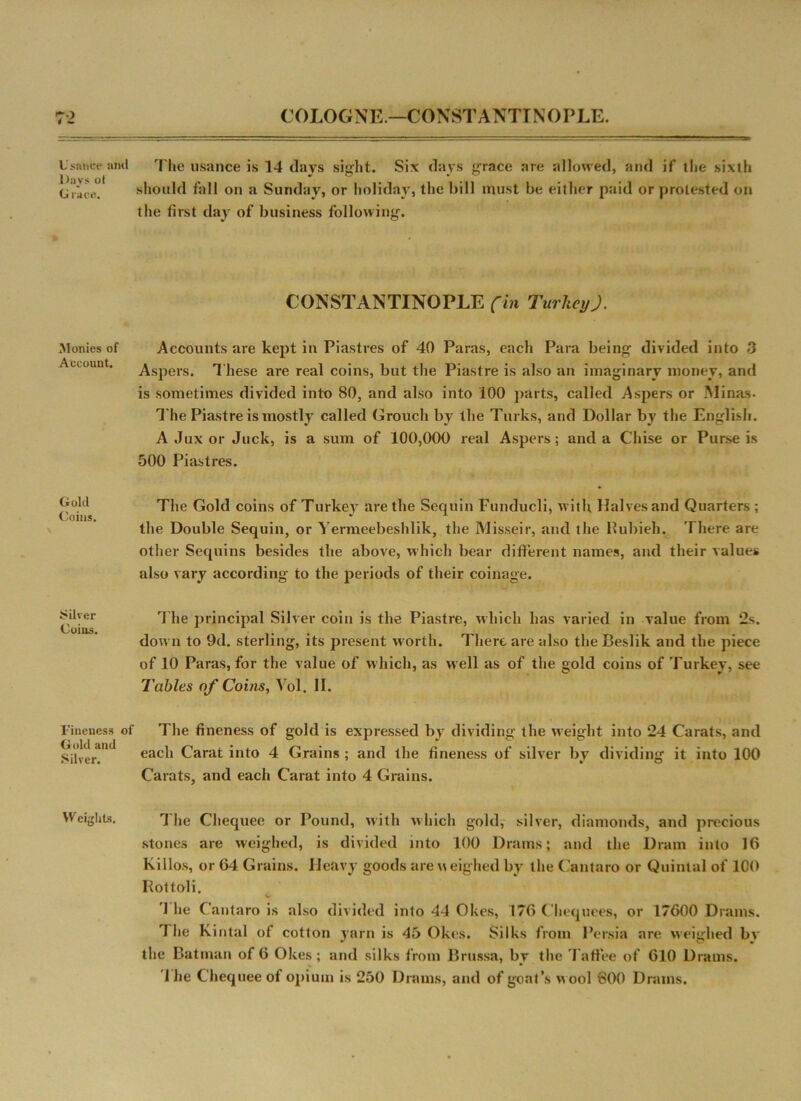 COLOGNE—CONSTANTINOPLE Usance ami 1 );i_vs ut Grace. Monies of Account. Gold Coins. Silver Coins. Fineness of G old and Silver. Weights. The usance is 14 days sight. Six days grace are allowed, and if the sixth should fall on a Sunday, or holiday, the bill must be either paid or protested on the first day of business following. CONSTANTINOPLE fin Turkey). Accounts are kept in Piastres of 40 Paras, each Para being divided into 3 Aspers. These are real coins, but the Piastre is also an imaginary money, and is sometimes divided into 80, and also into 100 parts, called Aspers or Minas. The Piastre is mostly called Grouch by the Turks, and Dollar by the English. A Jux or Juck, is a sum of 100,000 real Aspers; and a Chise or Purse is 500 Piastres. The Gold coins of Turkey are the Sequin Funducli, with Halves and Quarters ; the Double Sequin, or Yermeebeshlik, the Misseir, and the Rubieli. There are other Sequins besides the above, which bear different names, and their values also vary according to the periods of their coinage. The principal Silver coin is the Piastre, which has varied in value from 2s. down to 9d. sterling, its present worth. There are also the Beslik and the piece of 10 Paras, for the value of which, as well as of the gold coins of Turkey, see Tables of Coins, Vol. II. The fineness of gold is expressed by dividing the weight into 24 Carats, and each Carat into 4 Grains ; and the fineness of silver by dividing it into 100 Carats, and each Carat into 4 Grains. The Chequee or Pound, with which gold, silver, diamonds, and precious stones are weighed, is divided into 100 Drams; and the Dram into 16 Killos, or G4 Grains. Heavy goods are neighed by the Cantaro or Quintal of ICO Rottoli. '] he Cantaro is also divided into 44 Okes, 176 Chequees, or 17600 Drams. I he Kintal of cotton yarn is 45 Okes. Silks from Persia are weighed by the Batman of 6 Okes; and silks from Brussa, by the TafFee of 610 Drams. w * 1 he Chequee of opium is 250 Drams, and of goat’s wool 600 Drains.