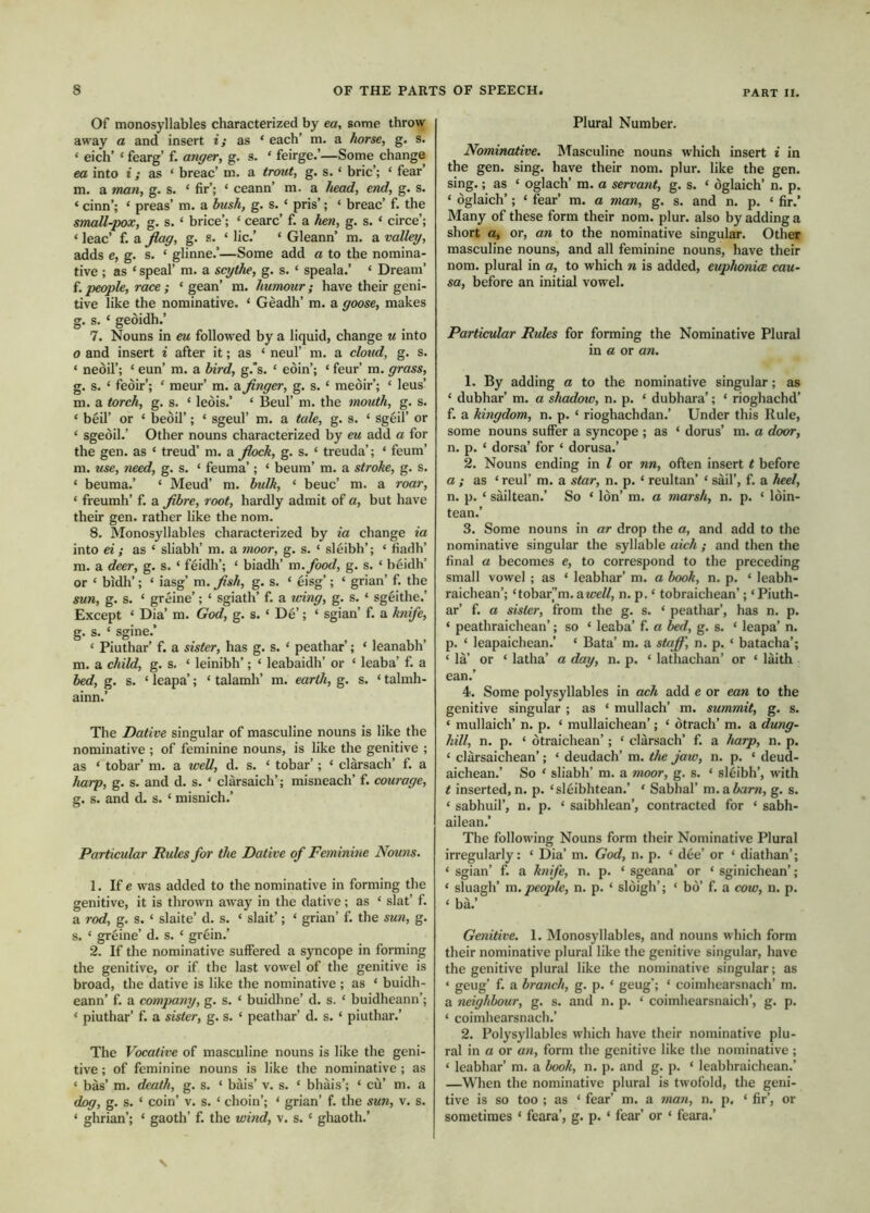 Of monosyllables characterized by ea, some throw away a and insert i; as ‘ each’ m. a horse, g. s. ‘ eich’ ‘ fearg’ f. anger, g. s. ‘ feirge.’—Some change ea into i; as ‘ breac’m. a trout, g. s. ‘ brie’; ‘ fear’ m. a man, g. s. ‘ fir’; ‘ ceann’ m. a head, end, g. s. ‘ cinn’; ‘ preas’m. a hush, g. s. ‘ pris’; ‘ breac’ f. the small-pox, g. s. ‘ brice’; ‘ cearc’ f. a hen, g. s. ‘ circe’; ‘ leac’ f. a flag, g. s. ‘ lie.’ ‘ Gleann’ m. a valley, adds e, g. s. ‘ glinne.’—Some add a to the nomina- tive ; as ‘ speal’m. a scythe, g. s. ‘ speala.’ ‘ Dream’ f. people, race ; ‘ gean’ m. humour; have their geni- tive like the nominative. ‘ Gèadh’ m. a goose, makes g. s. ‘ geòidh.’ 7. Nouns in eu followed by a liquid, change u into 0 and insert i after it; as ‘ neul’ m. a cloud, g. s. ‘ neòil’; ‘ eun’m. a bird, g.’s. ‘ eòin’; ‘ feur’m. grass, g. s. ‘ feòir’; ‘ meur’m. a finger, g. s. ‘ meòir’; ‘ leus’ m. a torch, g. s. ‘ leòis.’ ‘ Beul’m. the tnouth, g. s. ‘ beil’ or ‘ beoil’; ‘ sgeul’ m. a tale, g. s. ‘ sgeil’ or ‘ sgeòil.’ Other nouns characterized by eu add a for the gen. as ‘ trend’m. a flock, g. s. ‘ treuda’; ‘ feum’ m. use, need, g. s. ‘ feuma’; ‘ beum’m. a stroke, g. s. ‘ beuma.’ ‘ Meud’ m. bulk, ‘ beuc’ m. a roar, ‘ freumh’ f. a fibre, root, hardly admit of a, but have their gen. rather like the nom. 8. Monosyllables characterized by ia change ia into ei ; as ‘ sliabh’m. a moor, g. s. ‘ slèibh’; ‘ fiadh’ m. a deer, g. s. ‘ fèidh’; ‘ biadh’ m.food, g. s. ‘ beidh’ or ‘ bidh’; ‘ iasg’m. fish, g. s. ‘ eisg’; ‘ grian’ f. the sun, g. s. ‘ greine’; ‘ sgiath’ f. a wing, g. s. ‘ sgeithe.’ Except ‘ Dia’m. God, g. s. ‘ Dè’; ‘ sgian’ f. a knife, g. s. ‘ sgine.’ ‘ Piuthar’ f. a sister, has g. s. ‘ peathar’; ‘ leanabh’ m. a child, g. s. ‘ leinibh’; ‘ leabaidh’ or ‘ leaba’ f. a bed, g. s. ‘ leapa’; ‘ talamh’ m. earth, g. s. ‘ talmh- ainn.’ The Dative singular of masculine nouns is like the nominative ; of feminine nouns, is like the genitive ; as ‘ tobar’m. a well, d. s. ‘ tobar’; ‘ clàrsach’ f. a harp, g. s. and d. s. ‘ clàrsaich’; misneach’ f. courage, g. s. and d. s. ‘ misnich.’ Particular Rules for the Dative of Feminine Nouns. 1. If e was added to the nominative in forming the genitive, it is thrown away in the dative; as ‘ slat’ f. a rod, g. s. ‘ slaite’d. s. ‘ slait’; ‘ grian’ f. the sun, g. s. ‘ greine’d. s. ‘ grein.’ 2. If the nominative suffered a syncope in forming the genitive, or if the last vowel of the genitive is broad, the dative is like the nominative ; as ‘ buidh- eann’ f. a company, g. s. ‘ buidhne’d. s. ‘ buidheann’; < piuthar’ f. a sister, g. s. ‘ peathar’d. s. ‘ piuthar.’ The Vocative of masculine nouns is like the geni- tive ; of feminine nouns is like the nominative ; as ‘ bas’m. death, g. s. ‘ bàis’ v. s. ‘ bhàis’; ‘ cu’ m. a dog, g. s. ‘ coin’ v. s. ‘ choin’; ‘ grian’ f. the sun, v. s. ‘ ghrian’; ‘ gaoth’ f. the wind, v. s. ‘ ghaoth.’ Plural Number. Nominative. Masculine nouns which insert i in the gen. sing, have their nom. plur. like the gen. sing.; as ‘ oglach’m. a servant, g. s. ‘ òglaich’ n. p. ‘ òglaich’; ‘ fear’ m. a man, g. s. and n. p. ‘ fir.’ Many of these form their nom. plur. also by adding a short a, or, an to the nominative singular. Oth^er masculine nouns, and all feminine nouns, have their nom. plural in a, to which n is added, euphonice cau- sa, before an initial vowel. Particular Rules for forming the Nominative Plural in a or an. 1. By adding a to the nominative singular; as ‘ dubhar’m. a shadow, n. p. ‘ dubhara’; ‘ rioghachd’ f. a kingdom, n. p. ‘ rioghachdan.’ Under this Rule, some nouns sufiier a syncope ; as ‘ dorus’ m. a door, n. p. ‘ dorsa’ for ‘ dorusa.’ 2. Nouns ending in I or nn, often insert t before c ; as ‘ reul’m. a star, n. p. ‘ reultan’ ‘ sail’, f. a heel, n. p. ‘ sailtean.’ So ‘ Ion’m. a marsh, n. p. ‘ lòin- tean.’ 3. Some nouns in ar drop the a, and add to the nominative singular the syllable aich ; and then the final a becomes e, to correspond to the preceding small vowel ; as ‘ leabhar’m. a book, n. p. ‘ leabh- raichean’; ‘tobar’m.aw;e//, n. p. ‘ tobraichean’; ‘Piuth- ar’ f. a sister, from the g. s. ‘ peathar’, has n. p. ‘ peathraichean’; so ‘ leaba’ f. a bed, g. s. ‘ leapa’ n. p. ‘ leapaichean.’ ‘ Bata’m. a staff, n. p. ‘ batacha’; ‘ là' or ‘ latha’ a day, n. p. ‘ lathachan’ or ‘ làith ean.’ 4. Some polysyllables in ach add e or ean to the genitive singular ; as ‘ mullach’ m. summit, g. s. ‘ mullaich’ n. p. ‘ mullaichean’; ‘ otrach’m. a dung- hill, n. p. ‘ òtraichean’; ‘ clarsach’ f. a harp, n. p. ‘ clarsaichean’; ‘ deudach’m. the jaw, n. p. ‘ deud- aichean.’ So ‘ sliabh’m. a moor, g. s. ‘ slèibh’, with t inserted, n. p. ‘sleibhtean.’ ‘ Sabhal’ m.aiam, g. s. ‘ sabhuil’, n. p. ‘ saibhlean’, contracted for ‘ sabh- ailean.’ The following Nouns form their Nominative Plural irregularly: ‘ Dia’m. God, n. p. ‘ dee’ or ‘ diathan’; ‘ sgian’ f. a knife, n. p. ‘ sgeana’ or ‘ sginichean’ ; ‘ sluagh’m. people, n. p. ‘ slòigh’; ‘ bo’ f. a cow, n. p. ‘ bà.’ Genitive. I. Monosyllables, and nouns which form their nominative plural like the genitive singular, have the genitive plural like the nominative singular; as ‘ geug’ f. a branch, g. p. ‘ geug'; ‘ coimhearsnach’m. a neighbour, g. s. and n. p. ‘ coimhearsnaich’, g. p. ‘ coimhearsnach.’ 2. Polysyllables which have their nominative plu- ral in a or an, form the genitive like the nominative; ‘ leabhar’m. a book, n. p. and g. p. ‘ leabhraichean.’ —When the nominative plural is twofold, the geni- tive is so too ; as ‘ fear’ m. a man, n. p, ‘ fir’, or sometimes ‘ feara’, g. p. ‘ fear’ or ‘ feara.’