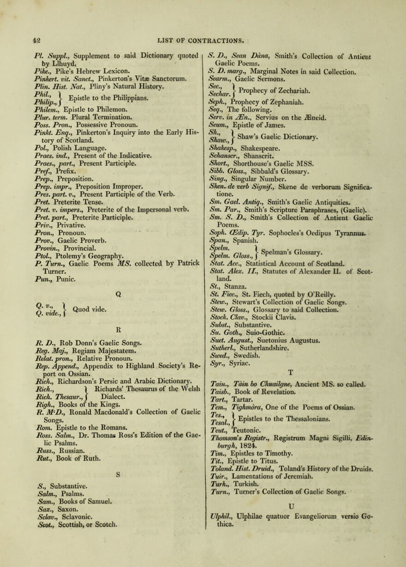 PL SuppL, Supplement to said Dictionary quoted by Llhuyd. Pike., Pike’s Hebrew Lexicon. Pinhert. vit. Sanct., Pinkerton’s Vitae Sanctorum. Plin. Hist. Nat., Pliny’s Natural History. ^MUp } Epistle to the Philippians. Philem., Epistle to Philemon. Plur. term. Plural Termination. Pass. Pron., Possessive Pronoun. Pinkt. Enq., Pinkerton’s Inquiry into the Early His- tory of Scotland. Pol., Polish Language. Praes, ind.. Present of the Indicative. Praes., part.. Present Participle. Pref., Prefix. Prep., Preposition. Prep, impr.. Preposition Improper. Pres. part, v.. Present Participle of the Verb. Pret. Preterite Tense. Pret. V. impers.. Preterite of the Impersonal verb. Pret. part.. Preterite Participle. Priv., Privative. Pron., Pronoun. Prov., Gaelic Proverb. Provin., Provincial. Ptol., Ptolemy’s Geography. P. Turn., Gaelic Poems MS. collected by Patrick Turner. Pun., Punic. Q Q.V., \ Q. vide., I Quod vide. R E. D., Rob Bonn’s Gaelic Songs. Reg. Maj., Regiam Majestatem. Relat. pron.. Relative Pronoun. Rep. Append., Appendix to Highland Society’s Re- port on Ossian. Rich., Richardson’s Persic and Arabic Dictionary. Rich., Ì Richards’ Thesaurus of the Welsh Rich. Thesaur.,) Dialect. Righ., Books of the Kings. R. M‘D., Ronald Macdonald’s Collection of Gaelic Songs. Rom. Epistle to the Romans. Ross. Salm., Dr. Thomas Ross’s Edition of the Gae- lic Psalms. Russ., Russian. Rut., Book of Ruth. S S., Substantive. Salm., Psalms. Sam., Books of Samuel. Sax., Saxon. Sclav., Sclavonic. Seat,, Scottish, or Scotch. S. B., Sean Dana, Smith’s Collection of Antient Gaelic Poems. S. D. marg.. Marginal Notes in said Collection. Searm., Gaelic Sermons. See 1 Se^Lr.} Prophecy of Zechariah. Seph., Prophecy of Zephaniah. Seq., The following. Serv. in AEn., Servius on the iEneid. Seum., Epistle of James. iSh Ì S^w f Gaelic Dictionary. Shahesp., Shakespeare. Schanscr., Shanscrit. Short., Shorthouse’s Gaelic MSS. Sibb. Gloss., Sibbald’s Glossary. Sing., Singular Number. Shm. de verb Signi/., Skene de verborum Significa- tione. Sm. Gael. Antiq., Smith’s Gaelic Antiquities. Sm. Par., Smith’s Scripture Paraphrases, (Gaelic). Sm. S. B., Smith’s Collection of Antient Gaelic Poems. Soph. CEdip. Tijr. Sophocles’s Oedipus Tyrannus. Span., Spanish. fpehi. Glossary. Stat. Acc., Statistical Account of Scotland. Slot. Akx. II., Statutes of Alexander II. of Scot- land. St., Stanza. St. Fiec., St. Fiech, quoted by O’Reilly. Stew., Stewart’s Collection of Gaelic Songs. Stew. Gloss., Glossary to said Collection. Stock. Clav., Stockii Clavis. Subst., Substantive. Su. Goth., Suio-Gothic. Suet. August., Suetonius Augustus. Sutherl., Sutherlandshire. Swed., Swedish. Syr., Syriac. T Tain., Tain bo Chuailgne, Ancient MS. so called. Taisb., Book of Revelation. Tart., Tartar. Tern., Tighmòra, One of the Poems of Ossian. Tesal. .} Epistles to the Thessalonians. Teut., Teutonic. Thomson's Registr., Registrum Magni Sigilli, Edi?i^ burgh, 1824. Tim., Epistles to Timothy. Tit., Epistle to Titus. Toland. Hist. Druid., Toland’s History of the Druids. Tuir., Lamentations of Jeremiah. Turk., Turkish. Turn., Turner’s Collection of Gaelic Songs. U Vlphil., Ulphilae quatuor Evangeliorum versio Go- thica.