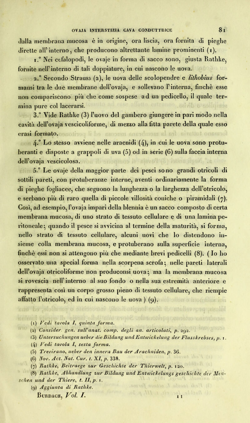 dalla membrana mucosa è in origine, ora liscia, ora fornita di pieghe dirette all’interno, che producono altrettante lamine prominenti (i). 1. ° Nei ctfalopodi, le ovaje in forma di sacco sono, giusta Rathke, fornite nell’interno di tali doppiature, in cui nascono le uova. 2. ° Secondo Strauss (2), le uova delle scolopendre e lithobius for- matisi tra le due membrane deli’ovaja, e sollevano l’interna, finché esse non compariscono più che come sospese ad un pedicello, il quale ter- mina pure col lacerarsi. 3. ° Vide Rathke (3) l’uovo del gambero giungere in pari modo nella cavità deli’ovaja vescicoliforme, di mezzo alla fitta parete della quale esso erasi formato. 4-° Lo stesso avviene nelle aracnidi (4)? in cui le uova sono protu- beranti e disposte a grappoli di uva (5) od in serie (6) sulla faccia interna deli’ovaja vescicolosa. 5.° Le ovaje della maggior parte dei pesci sono grandi otricoli di sottili pareti, con protuberanze interne, aventi ordinariamente la forma di pieghe fogliacee, che seguono la lunghezza o la larghezza dell’otricolo, e serbano più di raro quella di piccole villosità coniche o piramidali (7). Così, ad esempio, l’ovaja impari della blennia è un sacco composto di certa membrana mucosa, di uno strato di tessuto cellulare e di una lamina pe- ritoneale*, quando il pesce si avvicina al termine della maturità, si forma, nello strato di tessuto cellulare, alcuni uovi che lo distendono in- sieme colla membrana mucosa, e protuberano sulla superficie interna, finché essi non si attengono più che mediante brevi pedicelli (8). ( Io ho osservato una special forma nella scorpena scrofa* nelle pareti laterali dell’ovaja otricoliforme non produconsi uova* ma la membrana mucosa si rovescia nell’interno al suo fondo o nella sua estremità anteriore e rappresenta così un corpo grosso pieno di tessuto cellulare, che riempie affatto l’otricolo, ed in cui nascono le uova ) (p). (1) Vedi tavola 1, quinta forma. (2) Consider. gen. sulVanat. comp. degli an. articolati, p. 292. ( 3) Untersuchungen ueher die Bildung und Entwickelung der Flusskrebses, p. 1. (4) Vedi tavola 7, sesta forma. (5) Trevirano, ueber den Innern Bau der Arachniden, p. 36. (6) Nov. Act. Nat. Cur. t. XI, p. 338. (7) Rathke, Beitraege zur Geschichte der Thierwelt, p. 120. (8) Rathke, Abhandlung zur Bildung und Entwickelungs geschichte der tieri- schen und der Thiere, t. II, p. 1. (9) Aggiunta di Rathke.