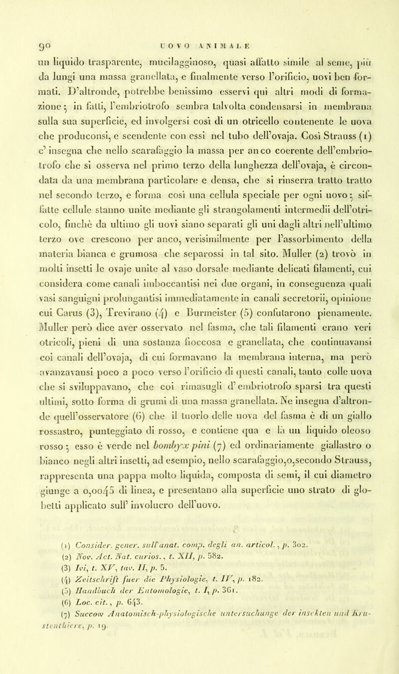 9° un liquido trasparente, mucilagginoso, quasi allatto simile al seme, piu da lungi una massa granellata, e finalmente verso l’orificio, uovi ben dor- mati. D’altronde, potrebbe benissimo esservi qui altri modi di forma- zione • in fatti, l’embriotrofo sembra talvolta condensarsi in membrana sulla sua superficie, ed involgersi così di un otricello contenente le uova che produconsi, e scendente con essi nel tubo dell’ovaja. Così Strauss (i) c’ insegna cbe nello scarafaggio la massa per anco coerente dell’embrio- trofo che si osserva nel primo terzo della lunghezza dell’ovaja, è circon- data da una membrana particolare e densa, che si rinserra tratto tratto nel secondo terzo, e forma così una cellula speciale per ogni uovo -, sif- fatte cellule stanno unite mediante gli strangolamenti intermedii dell’otri- colo, finché da ultimo gli uovi siano separati gli uni dagli altri nell’ultimo terzo ove crescono per anco, verisimilmente per l’assorbimento della materia bianca e grumosa che separossi in tal sito. Müller (a) trovò in molti insetti le ovaje unite al vaso dorsale mediante delicati filamenti, cui considera come canali imboccantisi nei due organi, in conseguenza quali vasi sanguigni prolungantisi immediatamente in canali secretorii, opinione cui Carus (3), Trcvirano (4) e Burmeister (5) confutarono pienamente. Moller però dice aver osservato nel fasma, che tali filamenti erano veri otricoli, pieni di una sostanza fioccosa e granellata, che continuavansi coi canali deìl’ovaja, di cui {ormavano la membrana interna, ma però avanzavansi poco a poco verso l’orificio di questi canali, tanto colle uova che si sviluppavano, che coi rimasugli d’embriotrofo sparsi tra questi ultimi, sotto forma di grumi di una massa granellata. Ne insegna d’altron- de quell’osservatore (6) che il tuorlo delle uova del fasma è di un giallo rossastro, punteggiato di rosso, e contiene qua e là un liquido oleoso rosso *, esso è verde nel bombyx pini (7) ed ordinariamente giallastro o bianco negli altri insetti, ad esempio, nello scarafaggio,o,secondo Strauss, rappresenta una pappa molto liquida, composta di semi, il cui diametro giunge a o,oo45 di linea, e presentano alla superficie uno strato di gio- isciti applicato sull’ involucro delfuovo. (j) Consider. gener. suIPanat. comp. degli an. artieoi. , p. 3o2. (2) Nov. Act. Nat. curios., t. XII, p. 582. (3) Ivi, t. XV, tav. II, p. 5. (p Zeitschrift fuer die Physiologie, t. IV,]). 182. (5) Handbuch der Entomologie, t. 1, p. 3Gi. (6) Loc. cit., p. G43. (7) Succow Aaatomisch-physiologische untersuchunge der ìnsekten und Ii.ru-