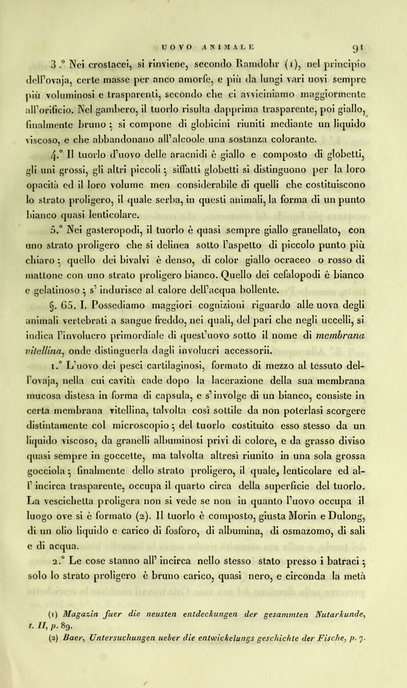 3.° Nei crostacei, si rinviene, secondo Ramdohr (i), nel principio dell’ovaja, certe masse per anco amorfe, e più da lungi vari uovi sempre più voluminosi e trasparenti, secondo che ci avviciniamo maggiormente all’orificio. Nel gambero, il tuorlo risulta dapprima trasparente, poi giallo, finalmente bruno • si compone di globicini riuniti mediante un liquido viscoso, e che abbandonano all’alcoole una sostanza colorante. zj.° Il tuorlo d’uovo delle aracnidi è giallo e composto di globetti, gli uni grossi, gli altri piccoli * siffatti globetti si distinguono per la loro opacità ed il loro volume men considerabile di quelli che costituiscono lo strato proligero, il quale serba, in questi animali, la forma di un punto bianco quasi lenticolare. 5.° Nei gasteropodi, il tuorlo è quasi sempre giallo granellato, con uno strato proligero che si delinea sotto l’aspetto di piccolo punto più chiaro * quello dei bivalvi è denso, di color giallo ocraceo o rosso di mattone con uno strato proligero bianco. Quello dei cefalopodi è bianco e gelatinoso -, s’ indurisce al calore dell’acqua bollente. §. 65. I. Possediamo maggiori cognizioni riguardo alle uova degli animali vertebrati a sangue freddo, nei quali, dei pari che negli uccelli, si indica l’involucro primordiale di quest’uovo sotto il nome di membrana vitellina, onde distinguerla dagli involucri accessorii. i.° L’uovo dei pesci cartilaginosi, formato di mezzo al tessuto del- l’ovaja, nella cui cavità cade dopo la lacerazione della sua membrana mucosa distesa in forma di capsula, e s’involge di un bianco, consiste in certa membrana vitellina, talvolta così sottile da non poterlasi scorgere distintamente col microscopio •, del tuorlo costituito esso stesso da un liquido viscoso, da granelli albuminosi privi di colore, e da grasso diviso quasi sempre in goccette, ma talvolta altresì riunito in una sola grossa gocciola * finalmente dello strato proligero, il quale^ lenticolare ed ai- fi incirca trasparente, occupa il quarto circa della superficie del tuorlo. La vescichetta proligera non si vede se non in quanto l’uovo occupa il luogo ove si è formato (2). 11 tuorlo è composto, giusta Morin e Dulong, di un olio liquido e carico di fosforo, di albumina, di osmazomo, di sali e di acqua. 2.0 Le cose stanno ali’ incirca nello stesso stato presso i batraci ^ solo lo strato proligero è bruno carico, quasi nero, e circonda la metà (1) Magazin fuer die neusten entdeckungen der gesammten Nutarkunde, t. //, p. 89.