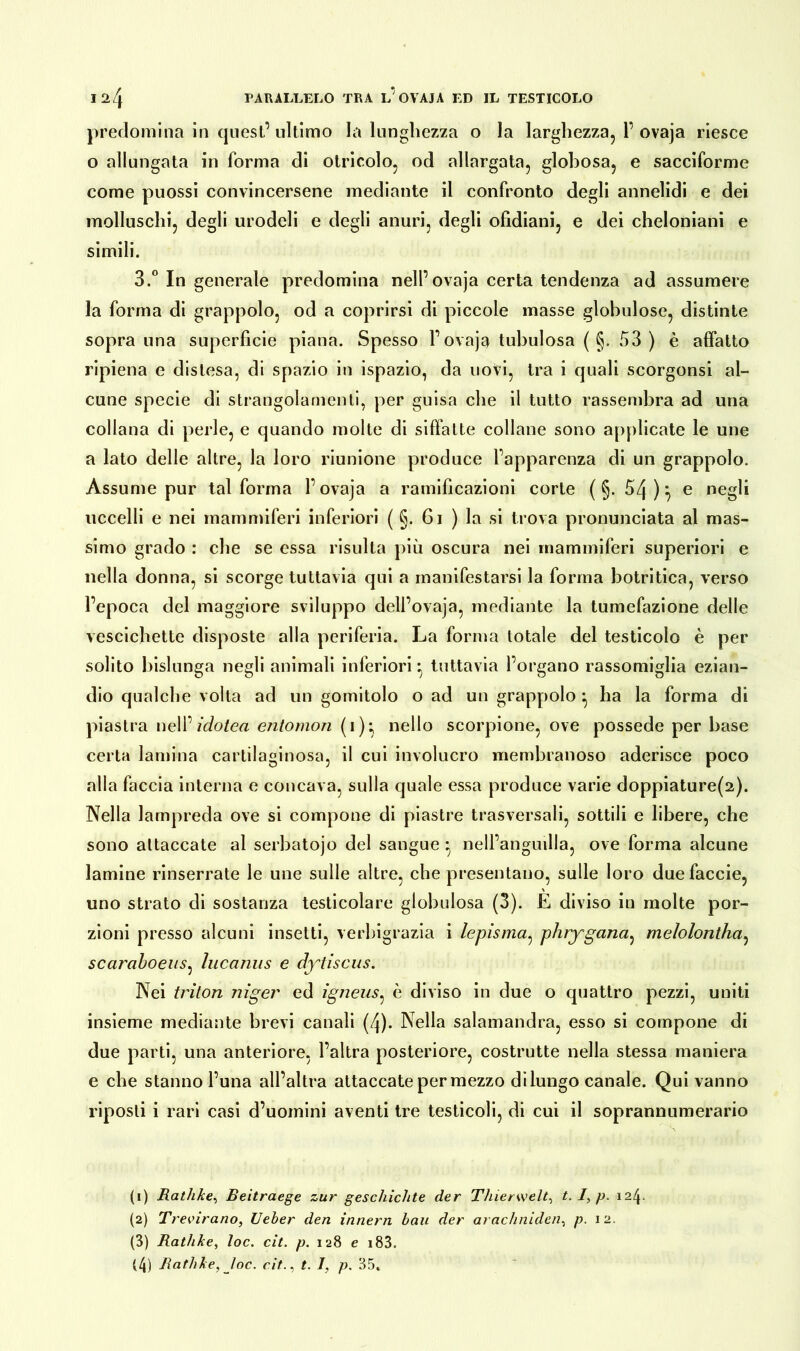 predomina in quest’ ultimo la lunghezza o la larghezza, 1’ ovaja riesce o allungata in forma di otricolo, od allargata, globosa, e sacciforme come puossi convincersene mediante il confronto degli annelidi e dei molluschi, degli urodeli e degli anuri, degli ofidiani, e dei cheloniani e simili. 3.° In generale predomina nell’ovaja certa tendenza ad assumere la forma di grappolo, od a coprirsi di piccole masse globulose, distinte sopra una superficie piana. Spesso l’ovaja tubulosa ( §. 53) è affatto ripiena e distesa, di spazio in ispazio, da uovi, tra i quali scorgonsi al- cune specie di strangolamenti, per guisa che il tutto rassembra ad una collana di perle, e quando molte di siffatte collane sono applicate le une a lato delle altre, la loro riunione produce l’apparenza di un grappolo. Assume pur tal forma l’ovaja a ramificazioni corte (§.54)} e negli uccelli e nei mammiferi inferiori ( §. 61 ) la si trova pronunciata al mas- simo grado : che se essa risulta più oscura nei mammiferi superiori e nella donna, si scorge tuttavia qui a manifestarsi la forma botritica, verso l’epoca del maggiore sviluppo dell’ovaja, mediante la tumefazione delle vescichette disposte alla periferia. La forma totale del testicolo è per solito bislunga negli animali inferiori • tuttavia l’organo rassomiglia ezian- dio qualche volta ad un gomitolo o ad un grappolo ^ ha la forma di piastra nell’ idotea entomon (1); nello scorpione, ove possedè per base certa lamina cartilaginosa, il cui involucro membranoso aderisce poco alla faccia interna e concava, sulla quale essa produce varie doppiature^). Nella lampreda ove si compone di piastre trasversali, sottili e libere, che sono attaccate al serbatojo del sangue ^ nell’anguilla, ove forma alcune lamine rinserrate le une sulle altre, che presentano, sulle loro duefaccie, uno strato di sostanza testicolare globulosa (3). È diviso in molte por- zioni presso alcuni insetti, verhigrazia i lepìsma, phrygana, melolontha, scaraboeus: lucanus e dytiscus. Nei trilon niger ed igneus, è diviso in due o quattro pezzi, uniti insieme mediante brevi canali (4). Nella salamandra, esso si compone di due parti, una anteriore, l’altra posteriore, costrutte nella stessa maniera e che stanno l’una all’altra attaccate per mezzo dilungo canale. Qui vanno riposti i rari casi d’uomini aventi tre testicoli, di cui il soprannumerario (1) Rathke, Beitraege zur geschickte der Thierwelt, 1.1, p. 124. (2) Trevirano, Ueher den innern bau der arachniden, p. 12. (3) Rathke, loc. cit. p. 128 e i83. (4) Rathke, loc. cit., t. I, p. 35.