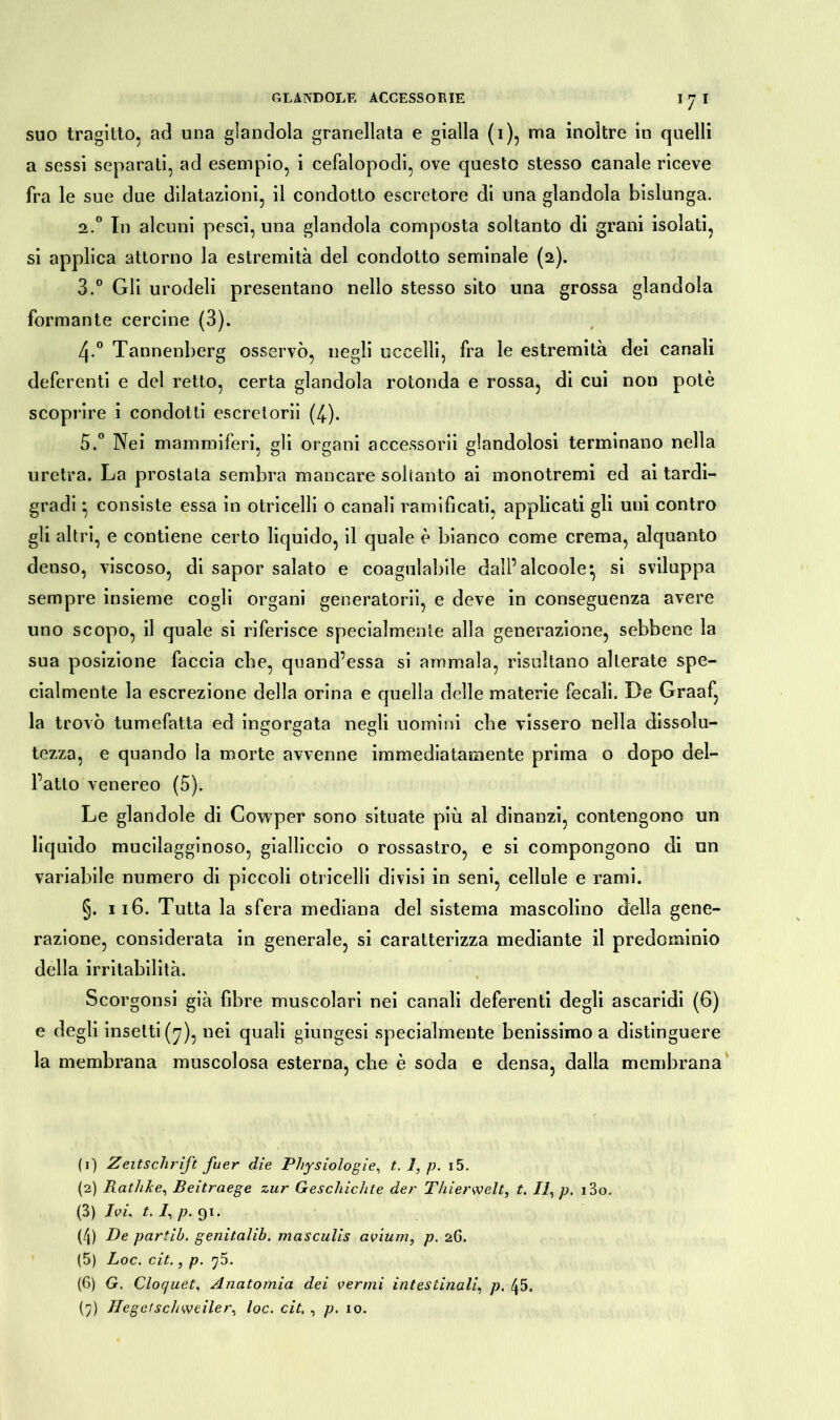 J7l suo tragitto, ad una glandola granellata e gialla (i), ma inoltre in quelli a sessi separati, ad esempio, i cefalopodi, ove questo stesso canale riceve fra le sue due dilatazioni, il condotto escretore di una glandola bislunga. a.0 In alcuni pesci, una glandola composta soltanto di grani isolati, si applica attorno la estremità del condotto seminale (2). 3.° Gli urodeli presentano nello stesso sito una grossa glandola formante cercine (3). 4-° Tannenberg osservò, negli uccelli, fra le estremità dei canali deferenti e del retto, certa glandola rotonda e rossa, di cui non potè scoprire i condotti escretorii (4). 5.° Nei mammiferi, gli organi accessorii glandolosi terminano nella uretra. La prostata sembra mancare solianto ai monotremi ed ai tardi- gradi ^ consiste essa in otricelli o canali ramificati, applicati gli uni contro gli altri, e contiene certo liquido, il quale è bianco come crema, alquanto denso, viscoso, di sapor salato e coagulabile dall’ alcoole*, si sviluppa sempre insieme cogli organi generatorii, e deve in conseguenza avere uno scopo, il quale si riferisce specialmente alla generazione, sebbene la sua posizione faccia clic, quand’essa si ammala, risultano alterate spe- cialmente la escrezione della orina e quella delle materie fecali. De Graaf, la trovò tumefatta ed ingorgata negli uomini cbe vissero nella dissolu- tezza, e quando la morte avvenne immediatamente prima o dopo del- l’atto venereo (5). Le glandole di Cowper sono situate più al dinanzi, contengono un liquido mucilagginoso, gialliccio o rossastro, e si compongono di un variabile numero di piccoli otricelli divisi in seni, cellule e rami. §. 116. Tutta la sfera mediana del sistema mascolino della gene- razione, considerata in generale, si caratterizza mediante il predominio della irritabilità. Scorgonsi già fibre muscolari nei canali deferenti degli ascaridi (6) e degli insetti ([7), nei quali giungesi specialmente benissimo a distinguere la membrana muscolosa esterna, che è soda e densa, dalla membrana (1) Zeitschrift fuer die Physiologie, t. 1, p. i5. (2) RathZce, Beitraege zur Geschichte der Thierwelt, t. Il, p. i3o. (3) Ivu t. I, p. 91. (4) De partih. genitalib. masculis avium, p. 26. (5) Loc. cit., p. (6) G. Cloquet, Anatomia dei vermi intestinali, p. 45.