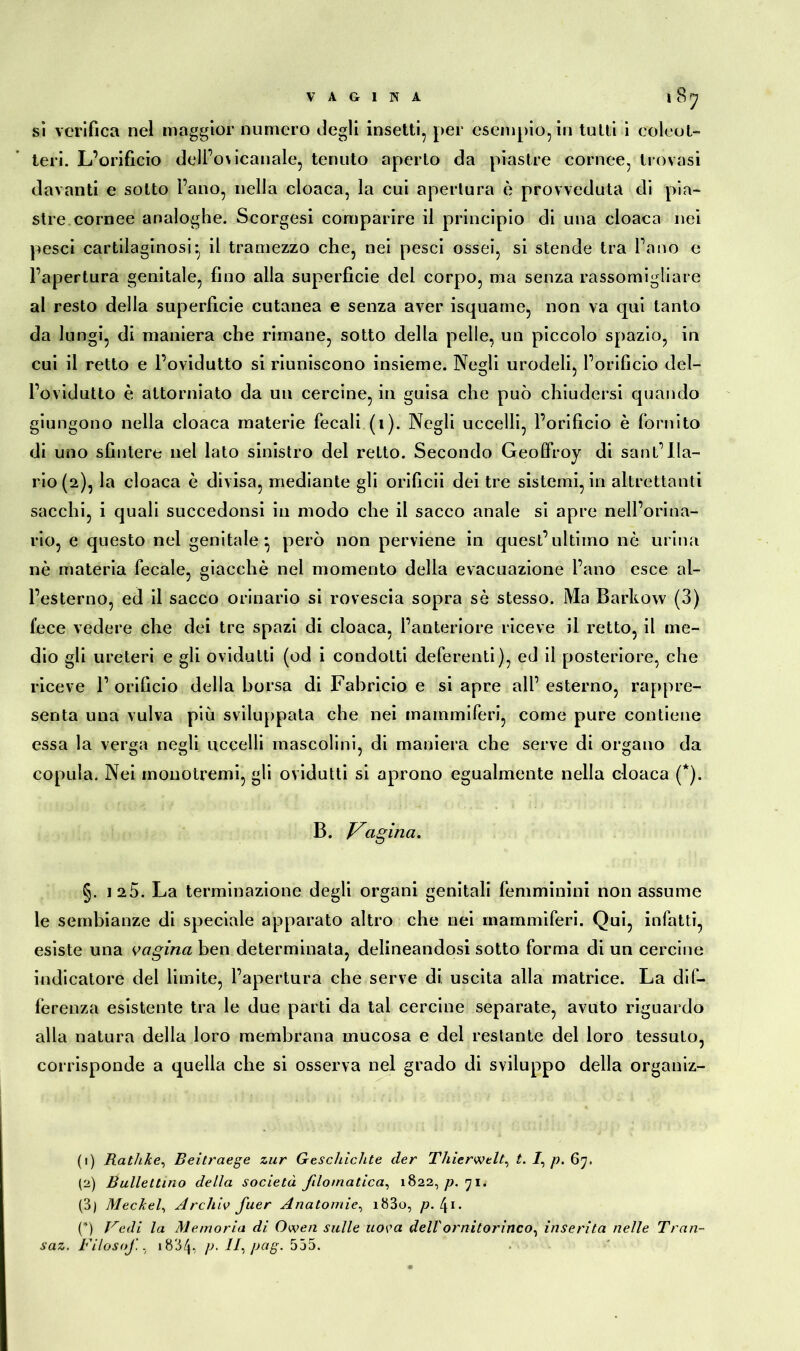 sì verifica nel maggior numero degli insetti, per esempio, in tutti i coleot- teri. L’orificio dell’ovicanale, tenuto aperto da piastre cornee, trovasi davanti e sotto Fano, nella cloaca, la cui apertura è provveduta di pia- stre cornee analoghe. Scorgesi comparire il principio di una cloaca nei pesci cartilaginosi^ il tramezzo che, nei pesci ossei, si stende tra l’ano e l’apertura genitale, fino alla superficie dei corpo, ma senza rassomigliare al resto della superficie cutanea e senza aver isquame, non va qui tanto da lungi, di maniera che rimane, sotto della pelle, un piccolo spazio, in cui il retto e l’ovidutto si riuniscono insieme. Negli urodeli, l’orificio del- l’ovidutto è attorniato da un cercine, in guisa che può chiudersi quando giungono nella cloaca materie fecali (i). Negli uccelli, l’orificio è fornito di uno sfintere nel lato sinistro del retto. Secondo Geoffroy di sant’Ila- rio (2), la cloaca è divisa, mediante gli orificii dei tre sistemi, in altrettanti sacelli, i quali succedonsi in modo che il sacco anale si apre nell’orina- rio, e questo nel genitale} però non perviene in quest’ultimo nò urina nè materia fecale, giacché nel momento della evacuazione l’ano esce al- l’esterno, ed il sacco orinario si rovescia sopra sò stesso. Ma Barkow (3) fece vedere che dei tre spazi di cloaca, l’anteriore riceve il retto, il me- dio gli ureteri e gli ovidutti (od i condotti deferenti), ed il posteriore, che riceve 1’ orificio della borsa di Fabricio e si apre all’ esterno, rappre- senta una vulva più sviluppata che nei mammiferi, come pure contiene essa la verga negli uccelli mascolini, di maniera che serve di organo da copula. Nei monotremi, gli ovidutti si aprono egualmente nella cloaca (*). B. Vagina. §. i2b. La terminazione degli organi genitali femminini non assume le sembianze di speciale apparato altro che nei mammiferi. Qui, infatti, esiste una vagina ben determinata, delineandosi sotto forma di un cercine indicatore del limite, l’apertura che serve di uscita alla matrice. La dif- ferenza esistente tra le due parti da tal cercine separate, avuto riguardo alla natura della loro membrana mucosa e del restante del loro tessuto, corrisponde a quella che si osserva nel grado di sviluppo della organiz- (1) Rathhe, Beitraege zur Geschichte der Thierwelt, t. /, p. 67. (2) Ballettino della società fdomatica, 1822, p. 71. (3) Meckel, Archiv fuer Anatomie, i83o, p. \i. (’) Vedi la Memoria di Owen sulle uova dell' ornitorinco^ inserita nelle Tran- saz. Filoso/., 1834, p- //, pag. 555.