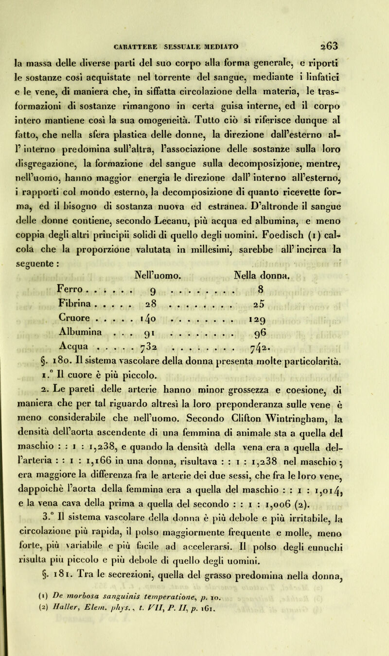 la massa delle diverse parti del suo corpo alla forma generale, e riporti le sostanze cosi acquistate nel torrente del sangue, mediante i linfatici e le vene, di maniera che, in siffatta circolazione della materia, le tras- formazioni di sostanze rimangono in certa guisa interne, ed il corpo intero mantiene così la sua omogeneità. Tutto ciò si riferisce dunque al fatto, che nella sfera plastica delle donne, la direzione dall’esterno al- P interno predomina sull’altra, l’associazione delle sostanze sulla loro disgregazione, la formazione del sangue sulla decomposizione, mentre, nell’uomo, hanno maggior energia le direzione dall’ interno all’esterno, i rapporti col mondo esterno, la decomposizione di quanto ricevette for- ma, ed il bisogno di sostanza nuova ed estranea. D’altronde il sangue delle donne contiene, secondo Lecanu, più acqua ed albumina, e meno coppia degli altri principi! solidi di quello degli uomini. Foedisch (i) cal- cola che la proporzione valutata in millesimi, sarebbe all’ incirca la seguente : Nell’uomo. Nella donna. Ferro 9 8 Fibrina 28 2Ò Cruore i4o 129 Albumina ... 91 96 Acqua ^32 742* §. 180. Il sistema vascolare della donna presenta molte particolarità. 1. ° li cuore è più piccolo. 2. Le pareti delle arterie hanno minor grossezza e coesione, di maniera che per tal riguardo altresì la loro preponderanza sulle vene è meno considerabile che nell’uomo. Secondo Clifton Wintringham, la densità dell’aorta ascendente di una femmina di animale sta a quella del maschio : : 1 : i,238, e quando la densità della vena era a quella del- l’arteria : : 1 : 1,166 in una donna, risultava : : 1 : i,238 nel maschio • era maggiore la differenza fra le arterie dei due sessi, che fra le loro vene, dappoiché l’aorta della femmina era a quella del maschio : : 1 : 1,014, e la vena cava della prima a quella del secondo : : 1 : 1,006 (2). 3. ° Il sistema vascolare della donna è più debole e più irritabile, la circolazione più rapida, il polso maggiormente frequente e molle, meno forte, più variabile e più facile ad accelerarsi. Il polso degli eunuchi risulta più piccolo e più debole di quello degli uomini. §. 181. Tra le secrezioni, quella del grasso predomina nella donna, (1) De morbosa sanguinis temperatione, p. jo. (2) Haller, Eleni, phys., t. PII, P. //, p. 1G1.