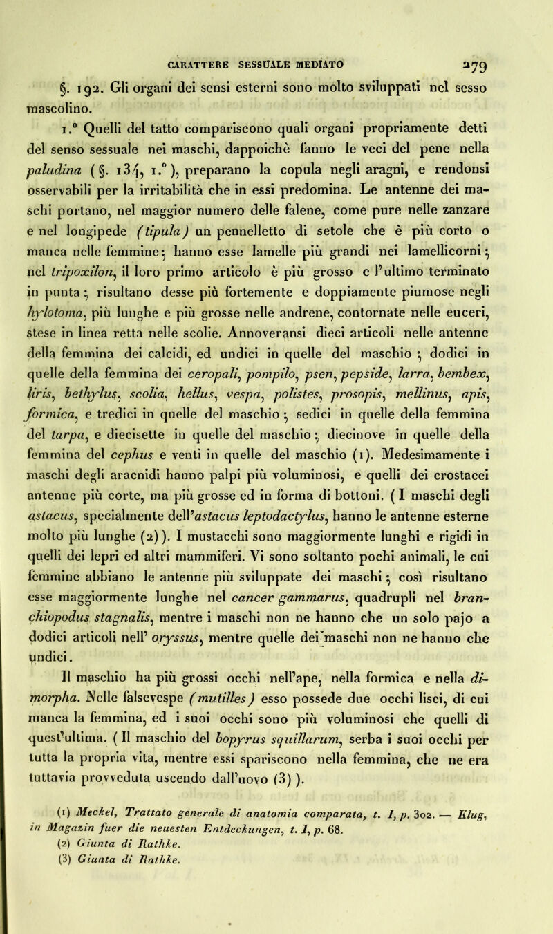 *79 §. 192. Gli organi dei sensi esterni sono molto sviluppati nel sesso mascolino. i.° Quelli del tatto compariscono quali organi propriamente detti del senso sessuale nei maschi, dappoiché fanno le veci del pene nella paladina ( §. i34, i.° ), preparano la copula negli aragni, e rendonsi osservabili per la irritabilità che in essi predomina. Le antenne dei ma- schi portano, nel maggior numero delle falene, come pure nelle zanzare e nel longipede (tipula) un pennelletto di setole che è più corto o manca nelle femmine:, hanno esse lamelle più grandi nei lamellicorni * nel tripoxilon, il loro primo articolo è più grosso e l’ultimo terminato in punta ; risultano desse più fortemente e doppiamente piumose negli hylotoma, più lunghe e più grosse nelle andrene, contornate nelle euceri, stese in linea retta nelle scolie. Annoveransi dieci articoli nelle antenne della femmina dei calcidi, ed undici in quelle del maschio dodici in quelle della femmina dei ceropali, pompilo, psen, pepside, larra, bembex, //ré, bethylus, scolia, hellus, vespa, polistes, prosopis, mellinus, apis^ formica, e tredici in quelle del maschio • sedici in quelle della femmina del tarpa, e diecisette in quelle del maschio diecinove in quelle della femmina del cephus e venti in quelle del maschio (1). Medesimamente i maschi degli aracnidi hanno palpi più voluminosi, e quelli dei crostacei antenne più corte, ma più grosse ed in forma di bottoni. ( I maschi degli qstacus, specialmente delVastacus leptodactylus, hanno le antenne esterne molto più lunghe (2) ). I mustacchi sono maggiormente lunghi e rigidi in quelli dei lepri ed altri mammiferi. Vi sono soltanto pochi animali, le cui fémmine abbiano le antenne più sviluppate dei maschi ^ così risultano esse maggiormente lunghe nel cancer gammarus, quadrupli nel bran~ chiopodus stagnalis, mentre i maschi non ne hanno che un solo pajo a dodici articoli nell’ oryssus^ mentre quelle dei maschi non ne hanno che undici. Il maschio ha più grossi occhi nell’ape, nella formica e nella di- morpha. Nelle falsevespe (mutilles) esso possedè due occhi lisci, di cui manca la femmina, ed i suoi occhi sono più voluminosi che quelli di quest’ultima. ( Il maschio del bopyrus squillarum^ serba i suoi occhi per tutta la propria vita, mentre essi spariscono nella femmina, che ne era tuttavia provveduta uscendo dall’uovo (3) ). (1) Meckel, Trattato generale di anatomia comparata, t. I, p. 3o2. — Klug, in Magazin fuer die neuesten Entdeckungen, t. /, p. 68. (2) Giunta di Rathke.