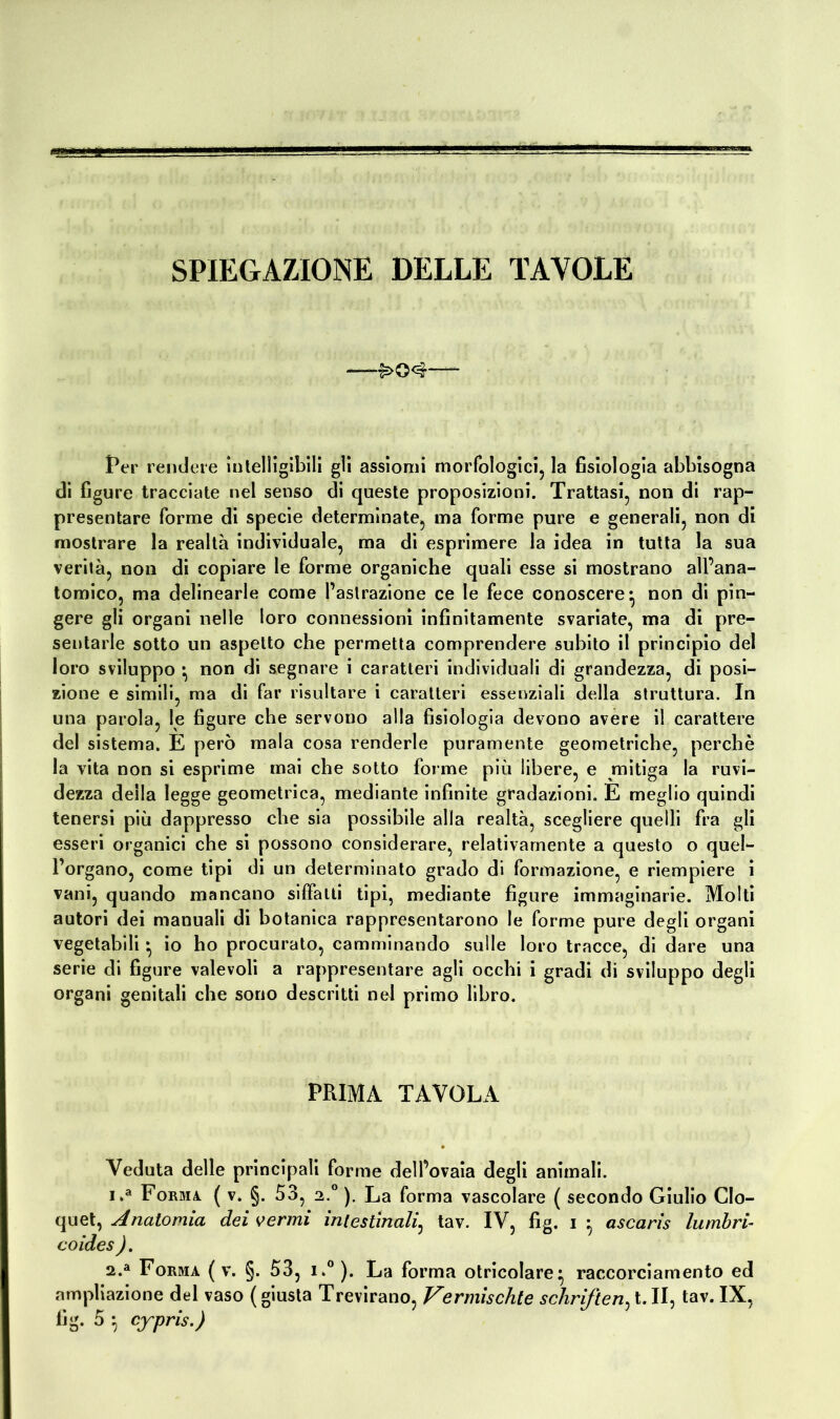 SPIEGAZIONE DELLE TAVOLE £>0<3— Per rendere intelligibili gli assiomi morfologici, la fisiologia abbisogna di figure tracciate nel senso di queste proposizioni. Trattasi, non di rap- presentare forme di specie determinate, ma forme pure e generali, non di mostrare la realtà individuale, ma di esprimere la idea in tutta la sua verità, non di copiare le forme organiche quali esse si mostrano all’ana- tomico, ma delinearle come l’astrazione ce le fece conoscere ^ non di pin- gere gli organi nelle loro connessioni infinitamente svariate, ma di pre- sentarle sotto un aspetto che permetta comprendere subito il principio del loro sviluppo • non di segnare i caratteri individuali di grandezza, di posi- zione e simili, ma di far risultare i caratteri essenziali della struttura. In una parola, le figure che servono alla fisiologia devono avere il carattere del sistema. E però mala cosa renderle puramente geometriche, perchè la vita non si esprime mai che sotto forme più libere, e mitiga la ruvi- dezza della legge geometrica, mediante infinite gradazioni. E meglio quindi tenersi più dappresso che sia possibile alla realtà, scegliere quelli fra gli esseri organici che si possono considerare, relativamente a questo o quel- l’organo, come tipi di un determinato grado di formazione, e riempiere i vani, quando mancano siffatti tipi, mediante figure immaginarie. Molti autori dei manuali di botanica rappresentarono le forme pure degli organi vegetabili • io ho procurato, camminando sulle loro tracce, di dare una serie di figure valevoli a rappresentare agli occhi i gradi di sviluppo degli organi genitali che sono descritti nel primo libro. PRIMA TAVOLA Veduta delle principali forme dell’ovaia degli animali. i.a Forma. ( v. §. 53, a.0 ). La forma vascolare ( secondo Giulio Clo- quet, Anatomia dei venni intestinali, tav. IV, fig. i } ascaris lumón- co ides ). a.a Forma ( v. §. 53, i.° ). La forma otricolare* raccorciamento ed ampliazione del vaso (giusta Trevirano, Vermischte schrìften^X.W, tav. IX, fig. 5 } cypris.)