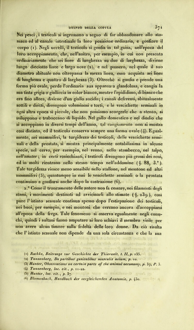 Nei pesci, i testicoli si ingrossano a seguo di far abbandonare allo sto- maco ed al canale intestinale la loro posizione ordinaria, e gonfiare il corpo (i). Negli ucc/elli, il testicolo si gonfia in tal .guisa, nell’epoca del loro accoppiamento, che, nell’anitra, per esempio, in cui non presenta ordinariamente che sei linee di lunghezza su due di larghezza, diviene lungo dieciotto linee e largo nove (2), e nel passero, nel quale il suo diametro abituale non oltrepassa la mezza linea, esso acquista sei linee di lunghezza e quattro di larghezza (3). Oltreché si gonfia e prende una forma più ovale, perde l’ordinaria sua apparenza glandolosa, e cangia la sua tinta grigia o gialliccia in color bianco, mentre l’epididimo, di bianco che era fino allora, diviene d’un giallo sucido;^ i canali deferenti, abitualmente sottili e diritti, divengono voluminosi e torti, e le vescichette seminali in ogni altra epoca sì piccole, che non possiamo scorgerle che a stento, si sviluppano e traboccano di liquido. Nel gallo domestico e nel dindio che si accoppiano in diversi tempi dell’anno, tal cangiariKuito non si mostra cosi distinto, ed il testicolo conserva sempre una forma ovale (4). Egual- mente, nei mammiferi, la turgidezza dei testicoli, delle vescichette semi- nali e della prostata, si mostra principalmente notabilissima in alcune specie, nel cervo, per esempio, nel renno, nello stambecco, nel talpo, nell’amster *, in certi rosicchianli, i testicoli divengono più grossi dei reni, edili molti rientrano nello stesso tempo nell’addomine (§.88, 3.®). Tale turgidezza riesce meno sensibile nello stallone, nel montone ed altri mammiferi (5), quantunque in essi le vescichette seminali o la prostata continuino a gonfiarsi anche dopo la castrazione (6), 2.® Come il troncamento delle antere non fa cessare, nei filamenti desìi slami, i movimenti destinati ad avvicinarli allo stimate ( §. 23q ), cosi pure l’istinto sessuale continua spesso dopo l’estirpazione dei testicoli, nel buoi, per esempio, e nel montoni che cercano ancora d’accoppiarsi all’epoca della frega. Tale fenomeno si osserva egualmente negli eunu- chi, quindi i sultani fanno amputare ai loro schiavi il membro virile per non avere alcun timore sulla fedeltà delle loro donne. Da ciò risulta che l’istinto sessuale non dipende da una sola circostanza e che la sua (1) Rathke^ Beitraege zur Geschichte der Thierwelt^ i35. (2) Tannenberg, De partihus genitalibus masculis avium, p. io. (3) Hunter, Observatìons on certain parts of thè animai oeconomy, p. P. 3. (4) Tannenberg, loc. cit., p. 11-22. (5) Hunter, loc. cit. , p. Zy