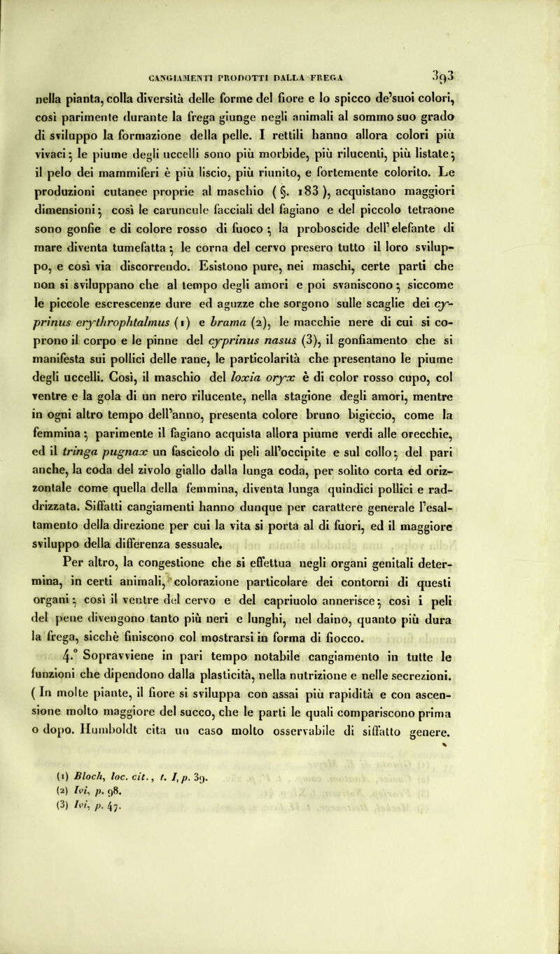 nella pianta, colla diversità delle forme del fiore e Io spicco de’siioi colori, cosi parimente durante la frega giunge negli animali al sommo suo grado di sviluppo la formazione della pelle. I rettili hanno allora colori più vivaci ^ le piume degli uccelli sono più morbide, più rilucenti, più listate ^ il pelo dei mammiferi è più liscio, più riunito, e fortemente colorito. Le produzioni cutanee proprie al maschio ( §. 183 ), acquistano maggiori dimensioni • così le caruncuìe facciali del fagiano e del piccolo tetraone sono gonfie e di colore rosso di fuoco ^ la proboscide dell’ elefante di mare diventa tumefatta •, le corna del cervo presero tutto il loro svilup- po, e così via discorrendo. Esistono pure, nei maschi, certe parti che non si sviluppano che al tempo degli amori e poi svaniscono ^ siccome le piccole escrescenze dure ed aguzze che sorgono sulle scaglie dei cy- prìnus erythrophtalmus (i) e brama (2), le macchie nere di cui si co- prono il corpo e le pinne del cyprinus nasus (3), il gonfiamento che si manifesta sui pollici delle rane, le particolarità che presentano le piume degli uccelli. Così, il maschio del loxia oryx è di color rosso cupo, col ventre e la gola di un nero rilucente, nella stagione degli amori, mentre in ogni altro tempo dell’anno, presenta colore bruno bigiccio, come la femmina *, parimente il fagiano acquista allora piume verdi alle orecchie, ed il tringa pugnax un fascicolo di peli all’occipite e sul collo*, del pari anche, la coda del zivolo giallo dalla lunga coda, per solito corta ed oriz- zontale come quella della femmina, diventa lunga quindici pollici e rad- drizzata. SilFattl cangiamenti hanno dunque per carattere generale l’esal- tamento della direzione per cui la vita si porta al di fuori, ed il maggiore sviluppo della differenza sessuale. Per altro, la congestione che si effettua negli organi genitali deter- mina, in certi animali,^^colorazione particolare dei contorni di questi organi* così il ventre del cervo e del capriuolo annerisce^ così i peli del pene divengono tanto più neri e lunghi, nel daino, quanto più dura la frega, sicché finiscono col mostrarsi in forma di fiocco. 4.* Sopravviene in pari tempo notabile cangiamento in tutte le funzioni che dipendono dalla plasticità, nella nutrizione e nelle secrezioni. ( In molte piante, il fiore si sviluppa con assai più rapidità e con ascen- sione molto maggiore del succo, che le parti le quali compariscono prima o dopo. Humboldt cita un caso molto osservabile di siffatto genere. % (1) Bloch^ loc. cit.^ t, I,p, 3f). (2) p. 98. (3) /w, p. 4j,