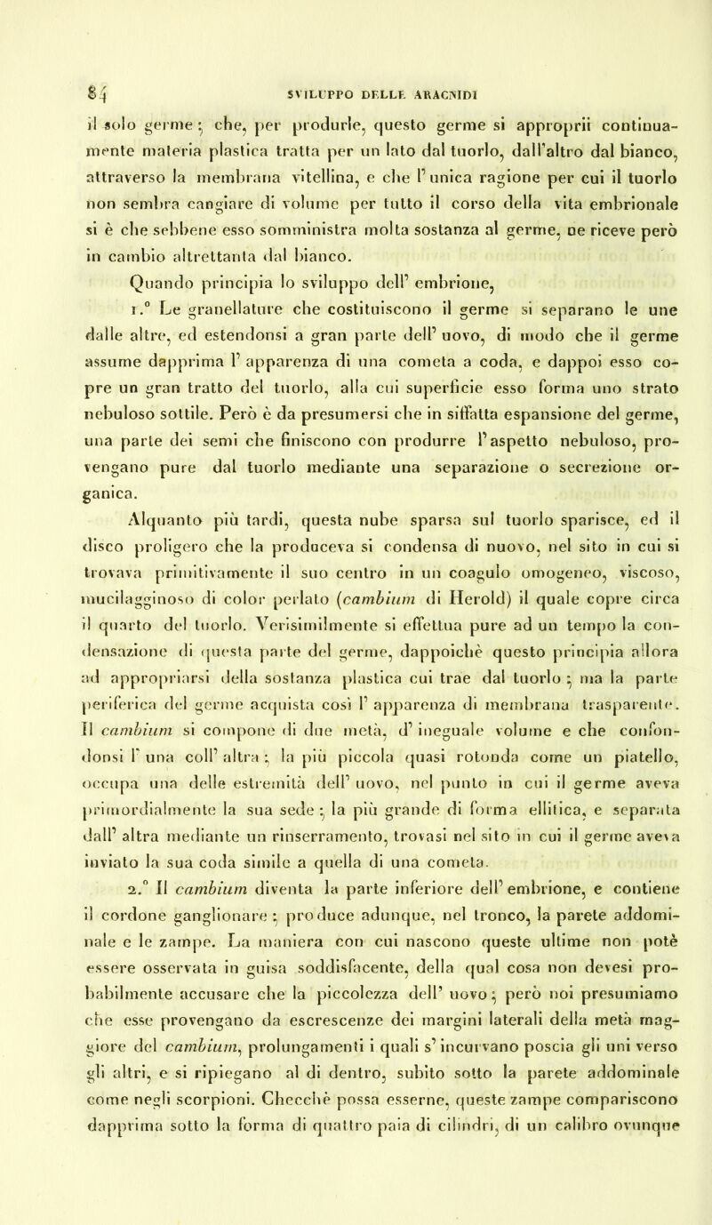 il solo germe • che, per produrle, questo germe si appropri! continua- mente materia plastica tratta per un lato dal tuorlo, dall’altro dal bianco, attraverso la membrana vitellina, e che l’unica ragione per cui il tuorlo non semiira cangiare di volume per tutto il corso della vita embrionale si è che sebbene esso somministra molta sostanza al germe, ne riceve però in cambio altrettanta dal bianco. Quando principia lo sviluppo dell’ embrione, 1. ° Le granellature che costituiscono il germe si separano le une dalle altre, ed estendonsi a gran parte dell’ uovo, di modo che il germe assume dapprima 1’ apparenza di una cometa a coda, e dappoi esso co- pre un gran tratto del tuorlo, alla cui superfìcie esso forma uno strato nebuloso sottile. Però è da presumersi che in siffatta espansione del germe, una parte dei semi che finiscono con produrre l’aspetto nebuloso, pro- vengano pure dal tuorlo mediante una separazione o secrezione or- ganica. Alquanto più tardi, questa nube sparsa sul tuorlo sparisce, ed il disco proligero che la produceva si condensa di nuovo, nel sito in cui si trovava primitivamente il suo centro in un coagulo omogeneo, viscoso, mucilagginoso di color periato (cambium di Herold) il quale copre circa il quarto del tuorlo. Verisimilmente si effettua pure ad un tempo la con- densazione di questa parte del germe, dappoiché questo principia allora ad appropriarsi della sostanza plastica cui trae dai tuorlo * ma la parte periferica del germe acquista così 1’ apparenza di membrana trasparente. Il cambium si compone di due metà, d’ineguale volume e che confon- donsi f una coll’ altra * la più piccola quasi rotonda come un piatello, occupa una delle estremità dell’ uovo, nel punto in cui il germe aveva primordialmente la sua sede - la più grande di forma ellitica, e separata dall’ altra mediante un rinserramento, trovasi nel sito in cui il germe ave\a inviato la sua coda simile a quella di una cometa. 2. ° II cambium diventa la parte inferiore dell’ embrione, e contiene il cordone ganglionare * produce adunque, nel tronco, la parete addomi- nale e le zampe. La maniera con cui nascono queste ultime non potè essere osservata in guisa soddisfacente, della qual cosa non devesi pro- babilmente accusare che la piccolezza dell’ uovo però noi presumiamo che esse provengano da escrescenze dei margini laterali della metà mag- giore del cambium, prolungamenti i quali s’incurvano poscia gli uni verso gli altri, e si ripiegano al di dentro, subito sotto la parete addominale come negli scorpioni. Checché possa esserne, queste zampe compariscono dapprima sotto la forma di quattro paia di cilindri, di un calibro ovunque