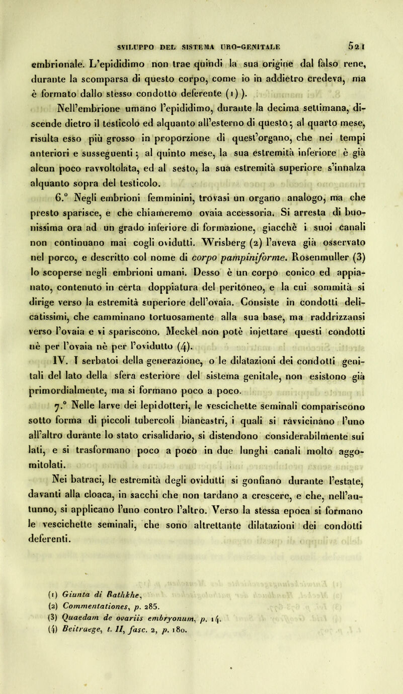 embrionale. L’epididimo non trae quindi la sua origine dal falso rene, durante la scomparsa di questo corpo, come io in addietro credeva, ma è formato dallo stesso condotto deferente (i) ). Nell’embrione umano l’epididimo, durante la decima settimana, di- scende dietro il testicolo ed alquanto all’esterno di questo*, al quarto mese, risulta esso più grosso in proporzione di quest’organo, che nei tempi anteriori e susseguenti} al quinto mese, la sua estremità inferiore è già alcun poco ravvoltolata, ed al sesto^ la sua estremità superiore s’innalza alquanto sopra del testicolo. 6.° Negli embrioni femminini, trovasi un organo analogo, ma che presto sparisce, e che chiameremo ovaia accessoria. Si arresta di buo- nissima ora ad un grado inferiore di formazione, giacche i suoi canali non continuano mai cogli ovidutti. Wrisberg (2) l’aveva già osservato nel porco, e descritto col nome di corpo pampiniforme. Rosenmuller (3) Io scoperse negli embrioni umani. Desso è un corpo conico ed appia- nato, contenuto in certa doppiatura del peritoneo, e la cui sommità si dirige verso la estremità superiore dell’ovaia. Consiste in condotti deli- catissimi, che camminano tortuosamente alla sua base, ma raddrizzansi verso l’ovaia e vi spariscono. Meckel non potè injettare questi condotti uè per l’ovaia nè per l’ovidutto (4)‘ 1Y. T serbatoi della generazione, o le dilatazioni dei condotti geni- tali del lato della sfera esteriore del sistema genitale, non esistono già primordialmente, ma si formano poco a poco. 7.0 Nelle larve dei lepidotteri, le vescichette seminali compariscono sotto forma di piccoli tubercoli biancastri, i quali si ravvicinano l’uno all’altro durante lo stato crisalidario, si distendono considerabilmente sui lati, e si trasformano poco a poco in due lunghi canali molto aggo- mitolati. Nei batraci, le estremità degli ovidutti si gonfiano durante l’estate, davanti alla cloaca, in sacchi che non tardano a crescere, e che, nell’au- tunno, si applicano l’uno contro l’altro. Verso la stessa epoca si formano le vescichette seminali, che sono altrettante dilatazioni dei condotti deferenti. (1) Giunta di Rathkhe, (2) Commentationes, p. 285. (3) Quaedam de ovariis embryonum, p. (4) Beitraege, t. II, fase. 2, p. 180.