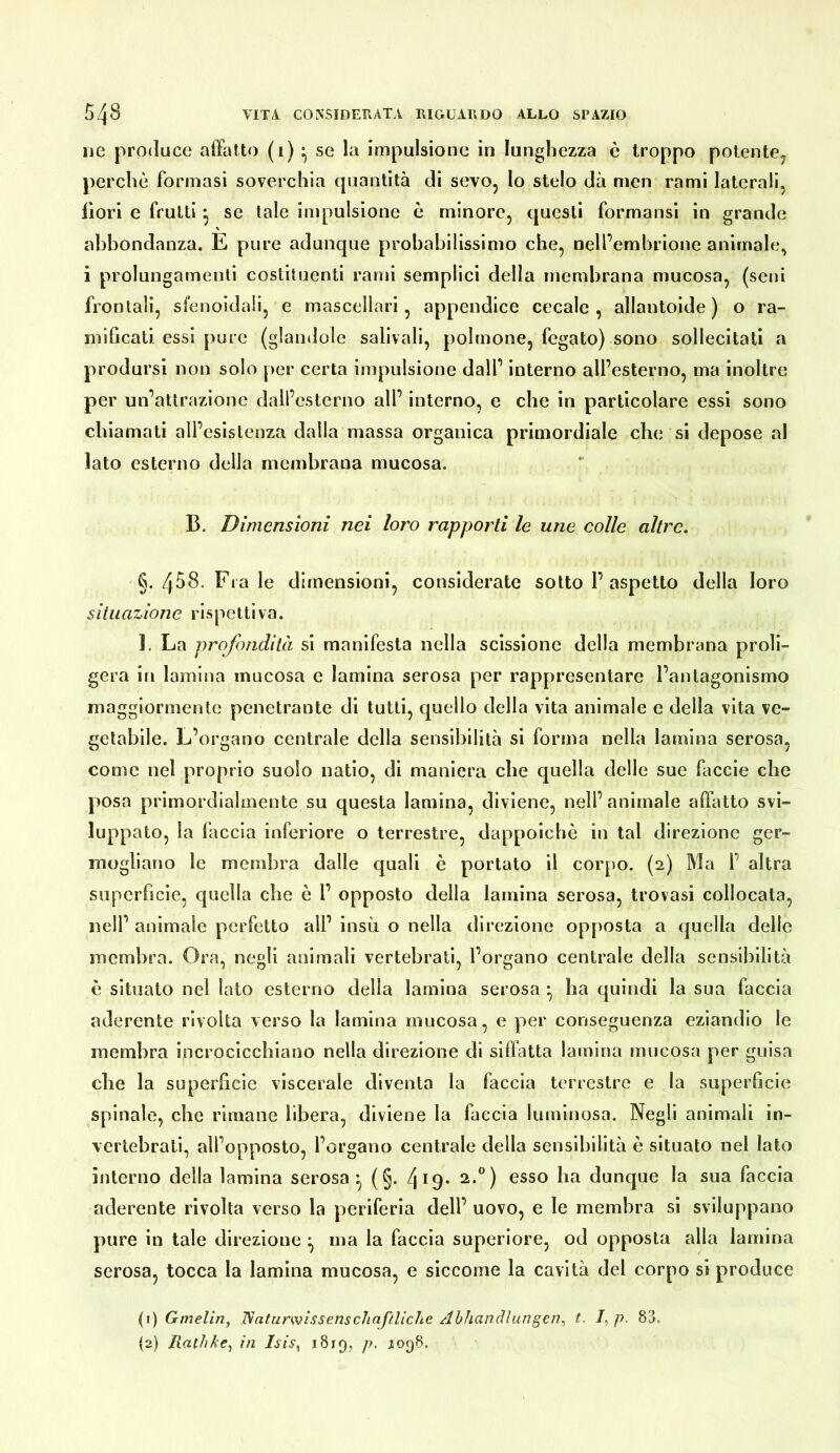 ne produce affatto (i) • se la impulsione in lunghezza è troppo potente^ perchè formasi soverchia quantità di sevo, lo stelo dà men rami laterali, ilori e frutti • se tale impulsione è minore, questi formansi in grande abbondanza. E pure adunque probabilissimo che, nell’embrione animale, i prolungamenti costituenti rami semplici della membrana mucosa, (seni frontali, sfenoldali, e mascellari, appendice cecale , allantoide ) o ra- mlGcali essi pure (glandole salivall, polmone, fegato) sono sollecitati a prodursi non solo per certa impulsione dall’ interno all’esterno, ma inoltre per un’attrazione dall’esterno all’ interno, e che in particolare essi sono chiamati all’esistenza dalla massa organica primordiale che si depose al lato esterno della membrana mucosa. B. Dimensioni nei loro rapporti le une colle altre. §. Fra le dimensioni, considerate sotto 1’aspetto della loro situazione rispettiva. ]. La profondità si manifesta nella scissione della membrana proll- gera in lamina mucosa e lamina serosa per rappresentare l’antagonismo maggiormente penetrante di tutti, cjuello della vita animale e della vita ve- getabile. L’organo centrale della sensibilità si forma nella lamina serosa, come nel proprio suolo natio, di maniera che quella delle sue faccie che posa primordialmente su questa lamina, diviene, nell’animale affatto svi- luppato, la faccia inferiore o terrestre, dappoiché in tal direzione ger- mogliano le membra dalle quali è portato il corpo. (2) Ma l’ altra superficie, quella che è l’ opposto della lamina serosa, trovasi collocata, nell’ animale perfetto all’ insù o nella direzione opposta a quella delle membra. Ora, negli animali vertebrati, l’organo centrale della sensibilità è situato nel lato esterno della lamina serosa • ha quindi la sua faccia aderente rivolta verso la lamina mucosa, e per conseguenza eziandio le membra Incrociccbiauo nella direzione di siffatta lamina mucosa per guisa che la superficie viscerale diventa la faccia terrestre e la superficie spinale, che rimane Ubera, diviene la faccia luminosa. Negli animali in- vertebrati, all’opposto, l’organo centrale della sensibilità è situato nel lato interno della lamina serosa ^ (§. 419* esso ha dunque la sua faccia aderente rivolta verso la periferia dell’ uovo, e le membra si sviluppano pure in tale direzione ^ ma la faccia supcriore, od opposta alla lamina scrosa, tocca la lamina mucosa, e siccome la cavità del corpo si produce (ì) Gmelìn, JSaturwissenschaftUche Abhandlungen^ t. I^p. 83. (2) Rathke^ in Isis^ 1819, p. 1098.