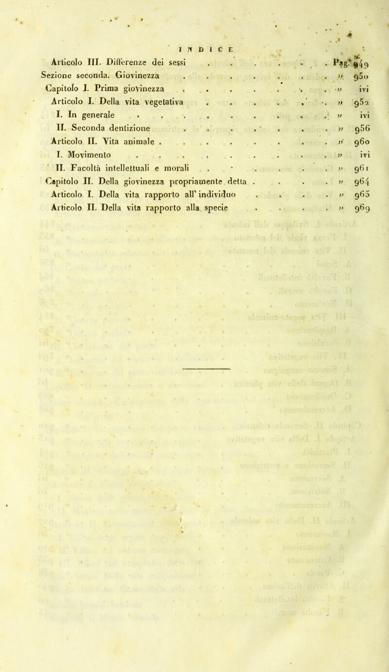 re D l C E Articolo III. Differenze dei sessi Sezione seconda. Giovinezza . . . Capitolo I. Prima giovinezza . . Articolo I. Della vita vegetativa I. In generale . , . , . II. Seconda dentizione Articolo IL Yita animale .... I. Movimento . . II. Facoltà intellettuali e morali Capitolo II. Della giovinezza propriamente detta Articolo I. Della vita rapporto all’ individuo Articolo II. Della vita rapporto alla specie >f >/ }f »' V V )> 95o ivi 962 ivi 956 960 ivi 961 964 965 9'^9